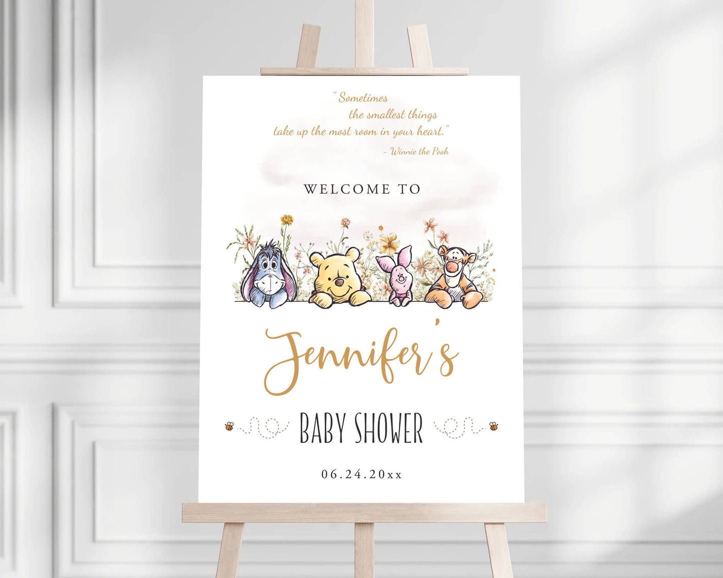 Winnie the Pooh baby shower welcome sign with floral wildflower design, customizable Canva template for party decor.
