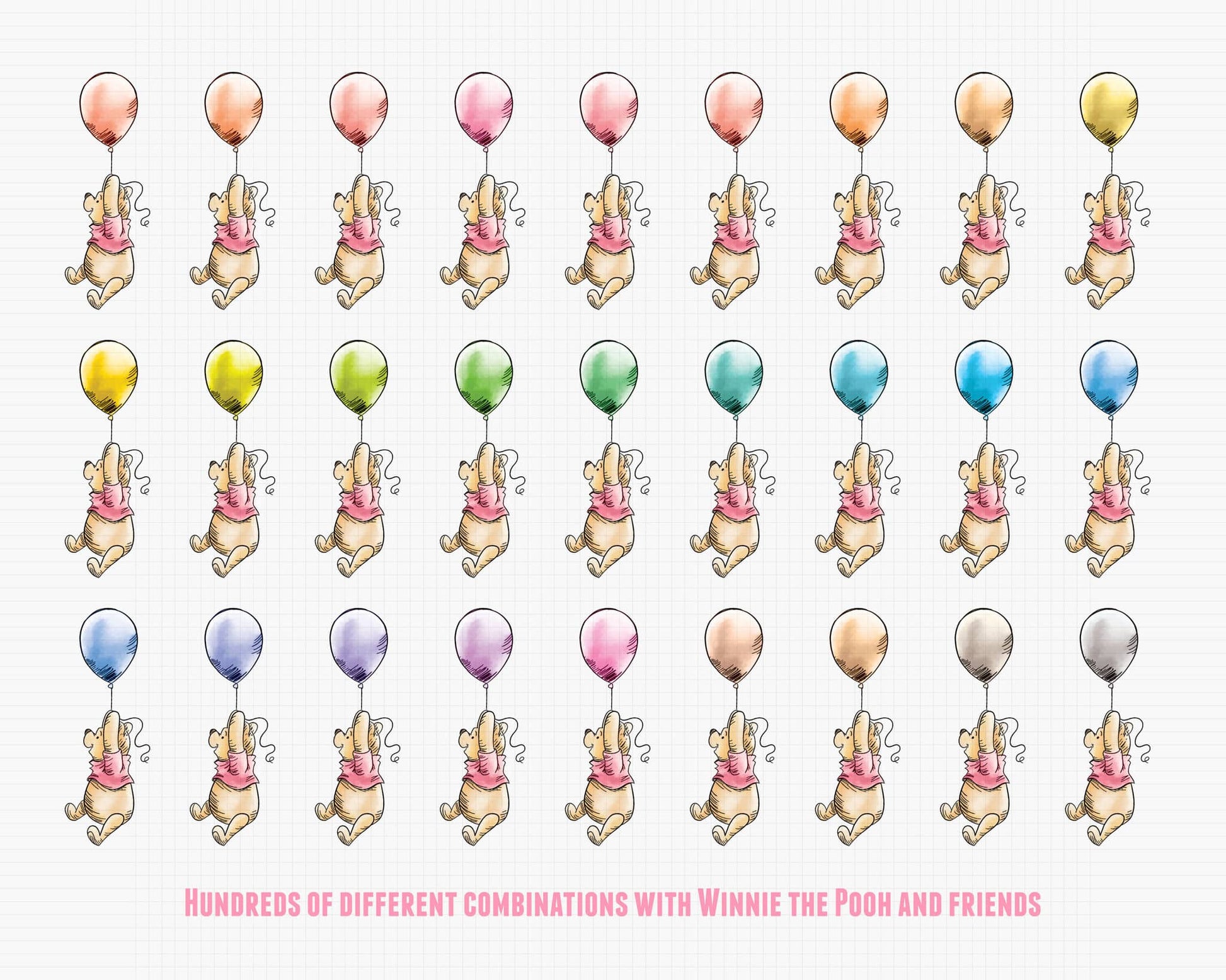 Watercolor Winnie the Pooh holding pastel balloons in multiple color variations, perfect for baby shower decorations, invitations, and digital designs.
