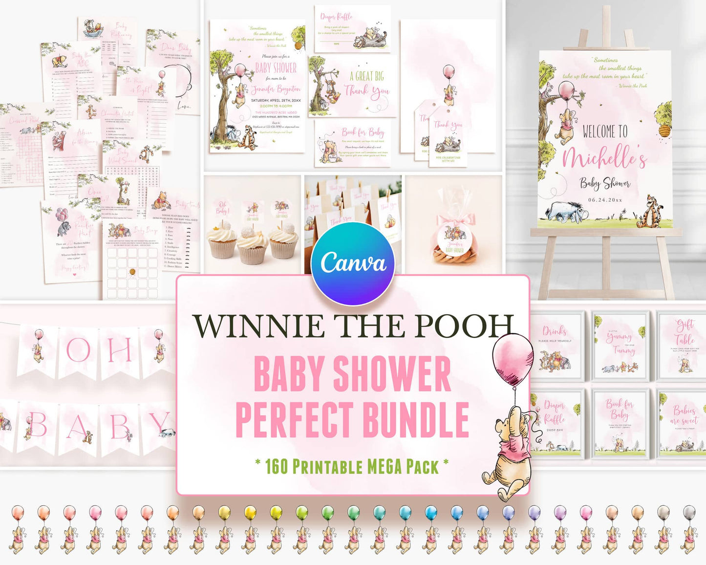 Winnie the Pooh baby shower bundle with pink watercolor floral designs, featuring invitations, games, banners, and signs. Editable Canva templates perfect for a girl’s baby shower celebration.