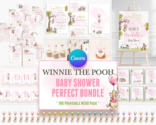 Winnie the Pooh baby shower bundle with pink watercolor floral designs, featuring invitations, games, banners, and signs. Editable Canva templates perfect for a girl’s baby shower celebration.