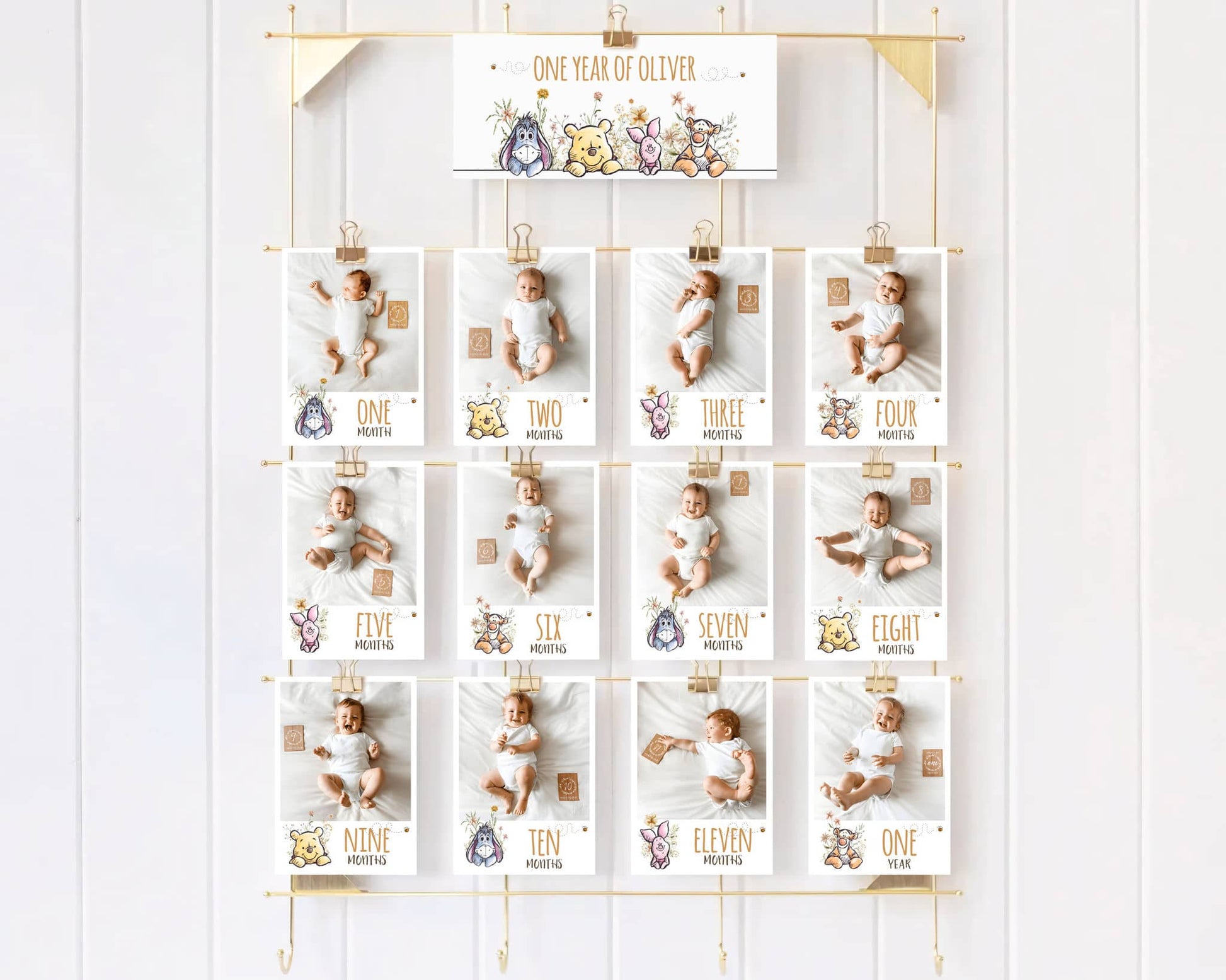 Winnie the Pooh baby monthly milestone photo banner with 12 printable cards for first year celebration.