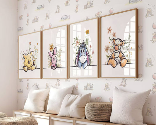Winnie the Pooh nursery wall art set featuring Pooh, Piglet, Eeyore, and Tigger, floral watercolor printable decor for baby room and kids’ wall.