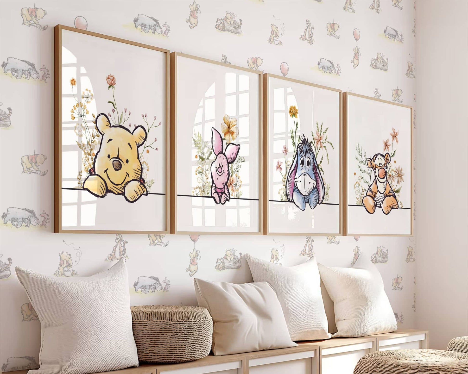 Set of 4 Winnie the Pooh nursery wall art prints featuring Pooh, Piglet, Eeyore, and Tigger in floral watercolor style, framed baby room decor with cozy interior scene.