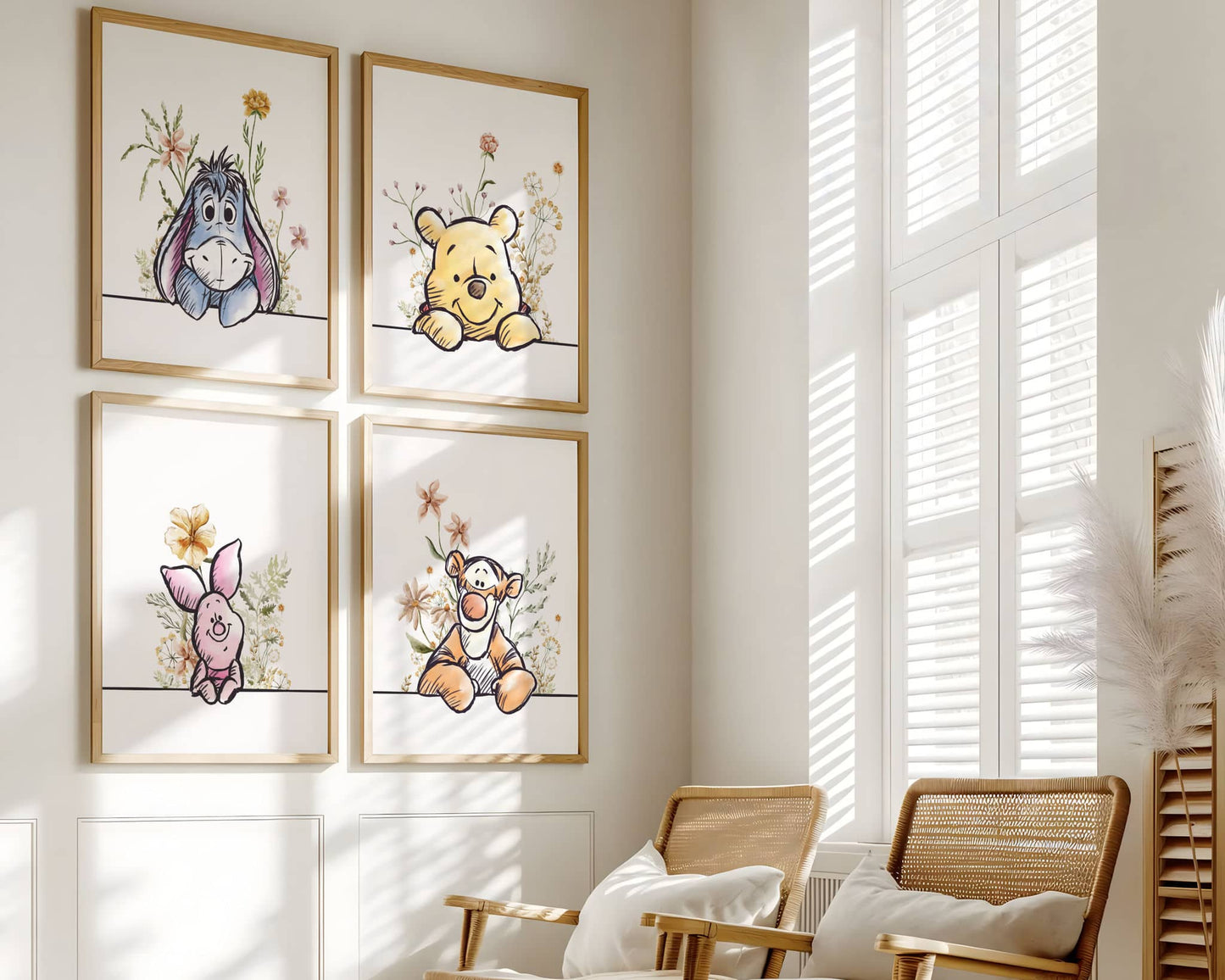 Four-piece Winnie the Pooh wall art set with Pooh, Piglet, Eeyore, and Tigger floral watercolor illustrations, framed nursery decor in warm natural light interior.