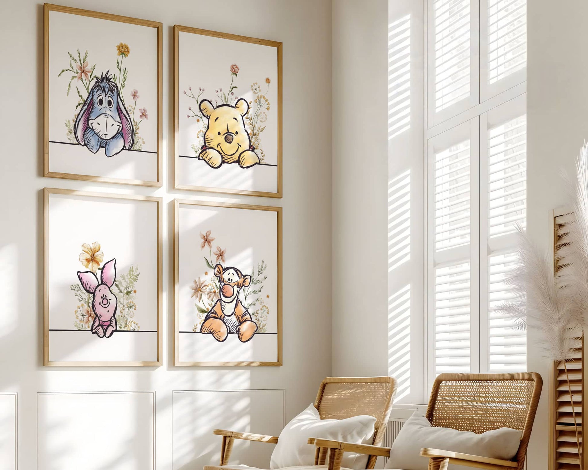 Four-piece Winnie the Pooh wall art set with Pooh, Piglet, Eeyore, and Tigger floral watercolor illustrations, framed nursery decor in warm natural light interior.