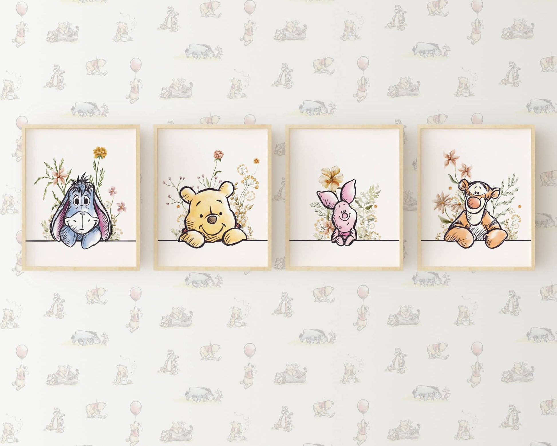 Winnie the Pooh wall art set with Pooh, Piglet, Eeyore, and Tigger floral watercolor illustrations, minimalist nursery decor on patterned Pooh wallpaper background.