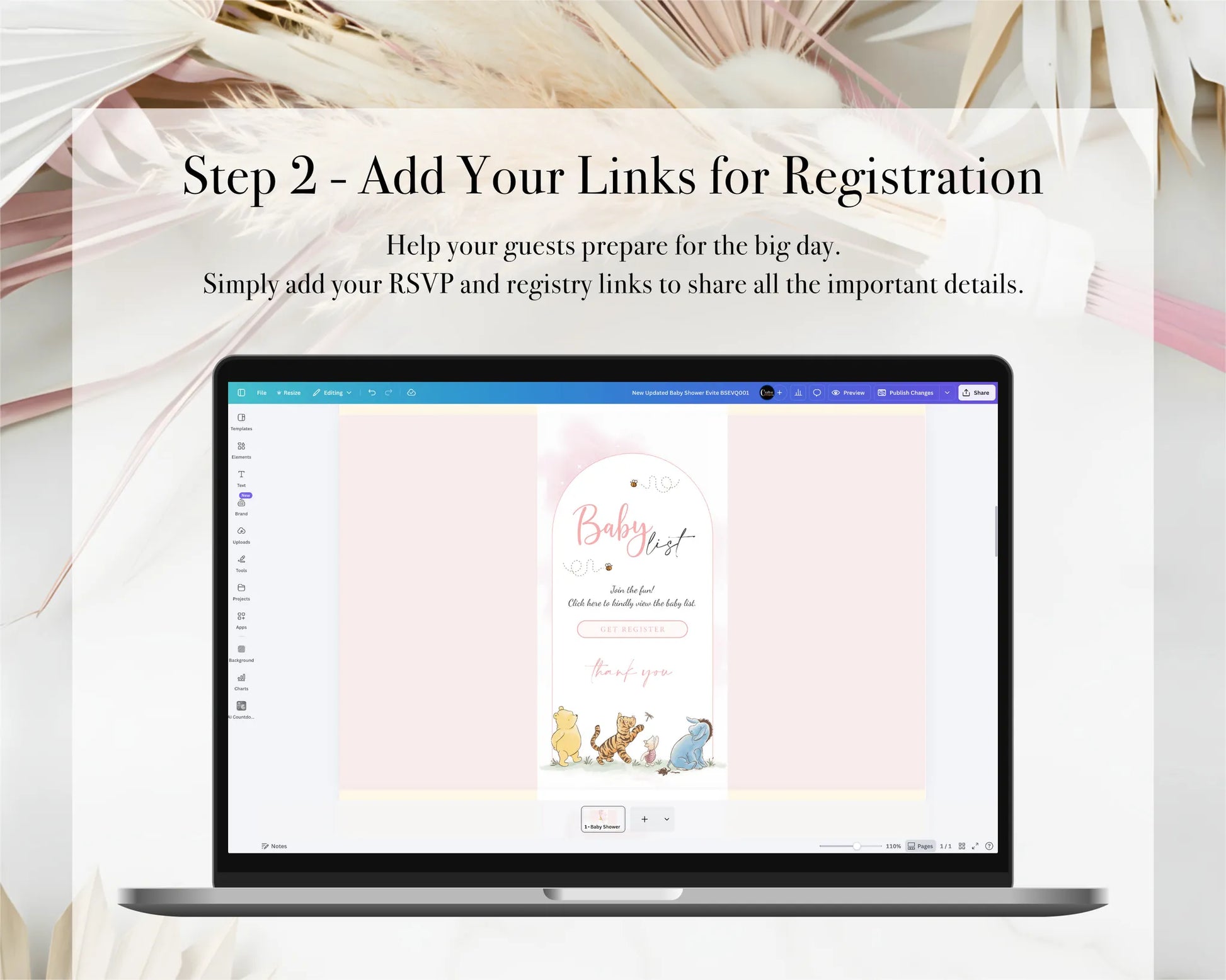 Step 2 tutorial for adding registration and registry links to the digital baby shower invite