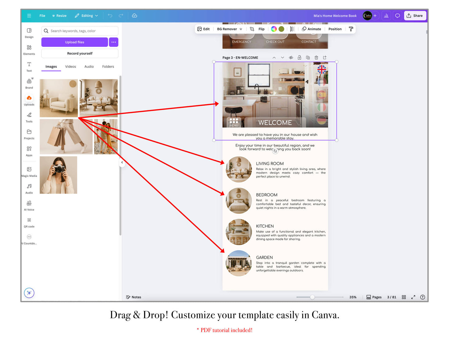 Simplified Airbnb welcome book workflow showing how hosts can download, edit, and share the multilingual digital guide.
