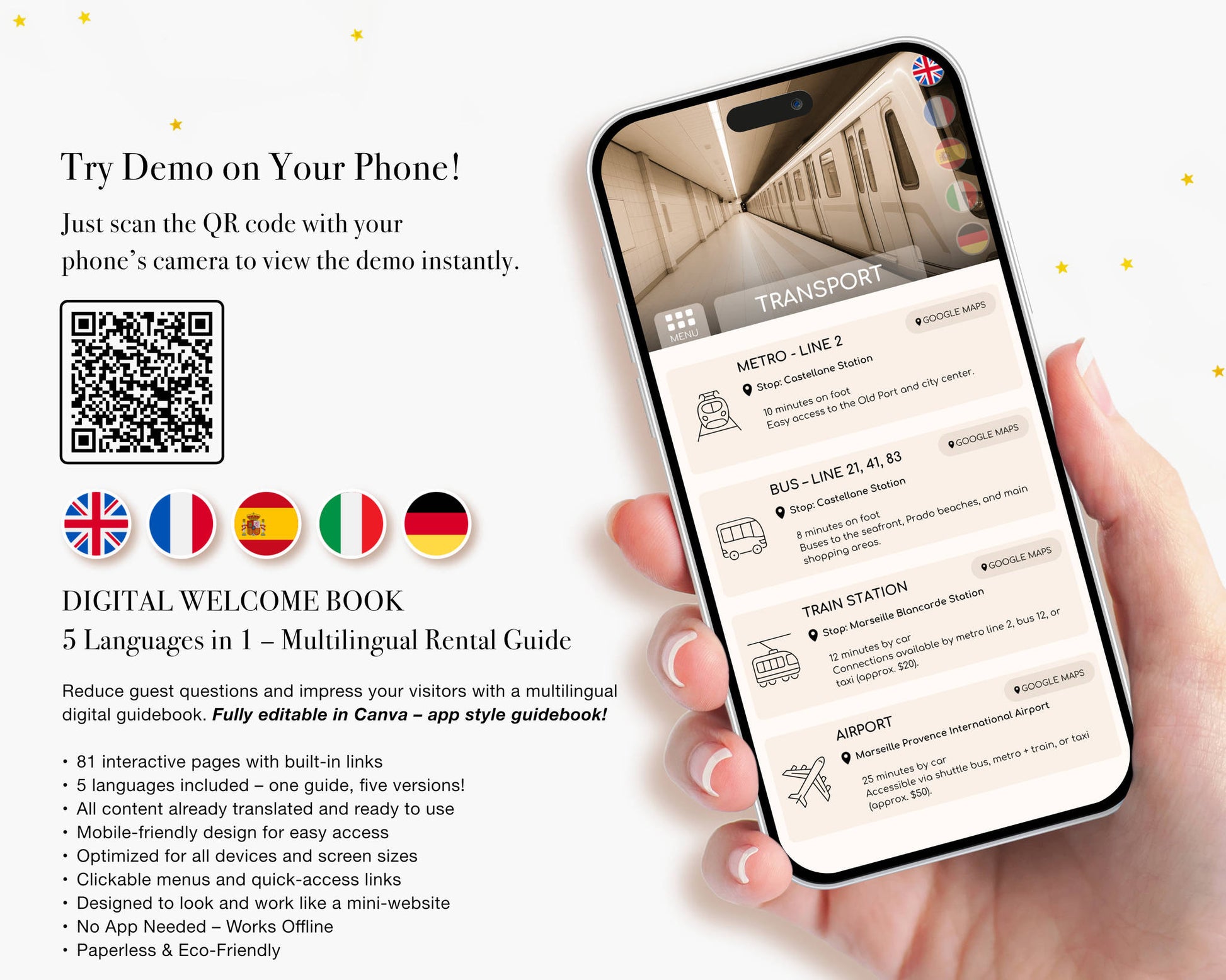 Premium Airbnb guest guide offering instant multilingual access and intuitive page navigation for a seamless stay.