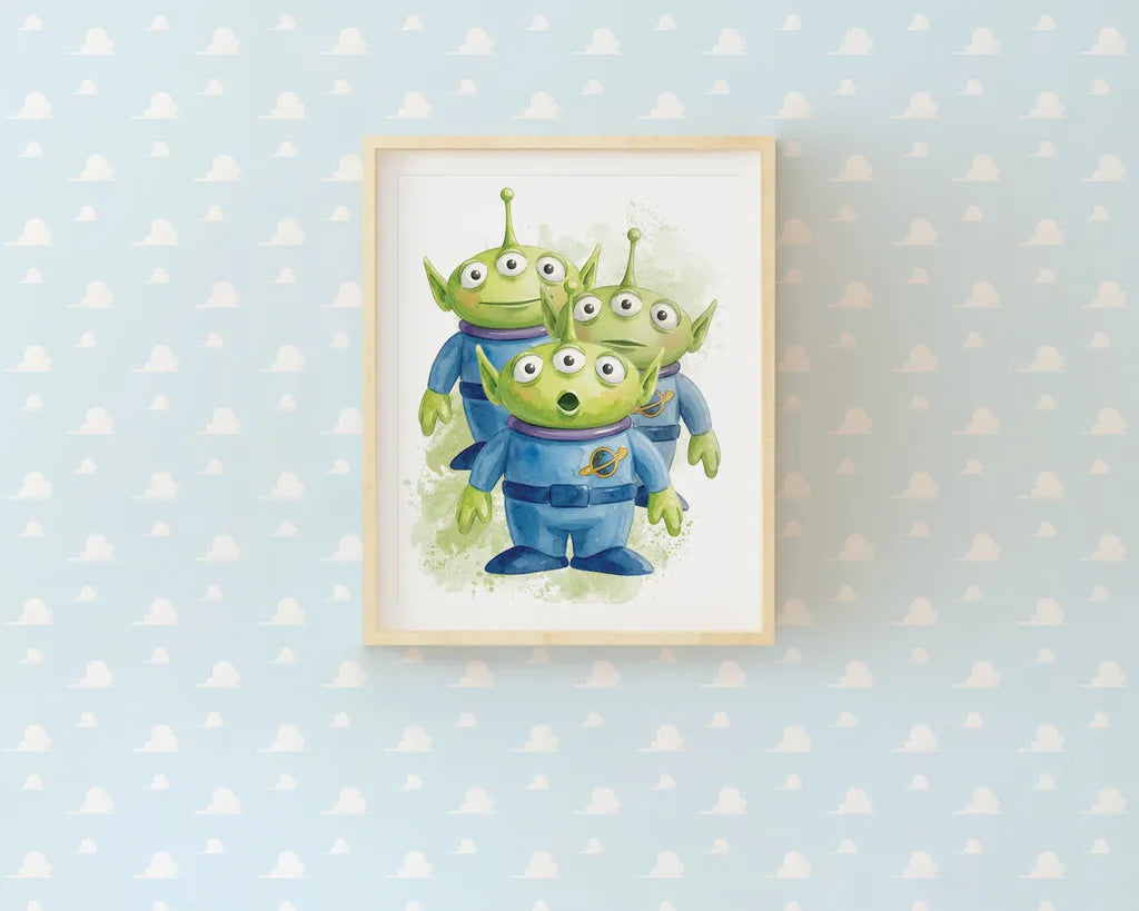 Single framed watercolor print of the three-eyed Toy Story Alien