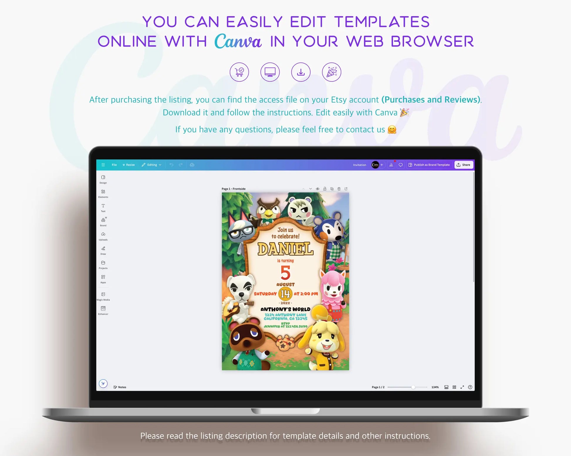 Fully editable Animal Crossing birthday invitation template allowing quick customization and professional results with Canva.