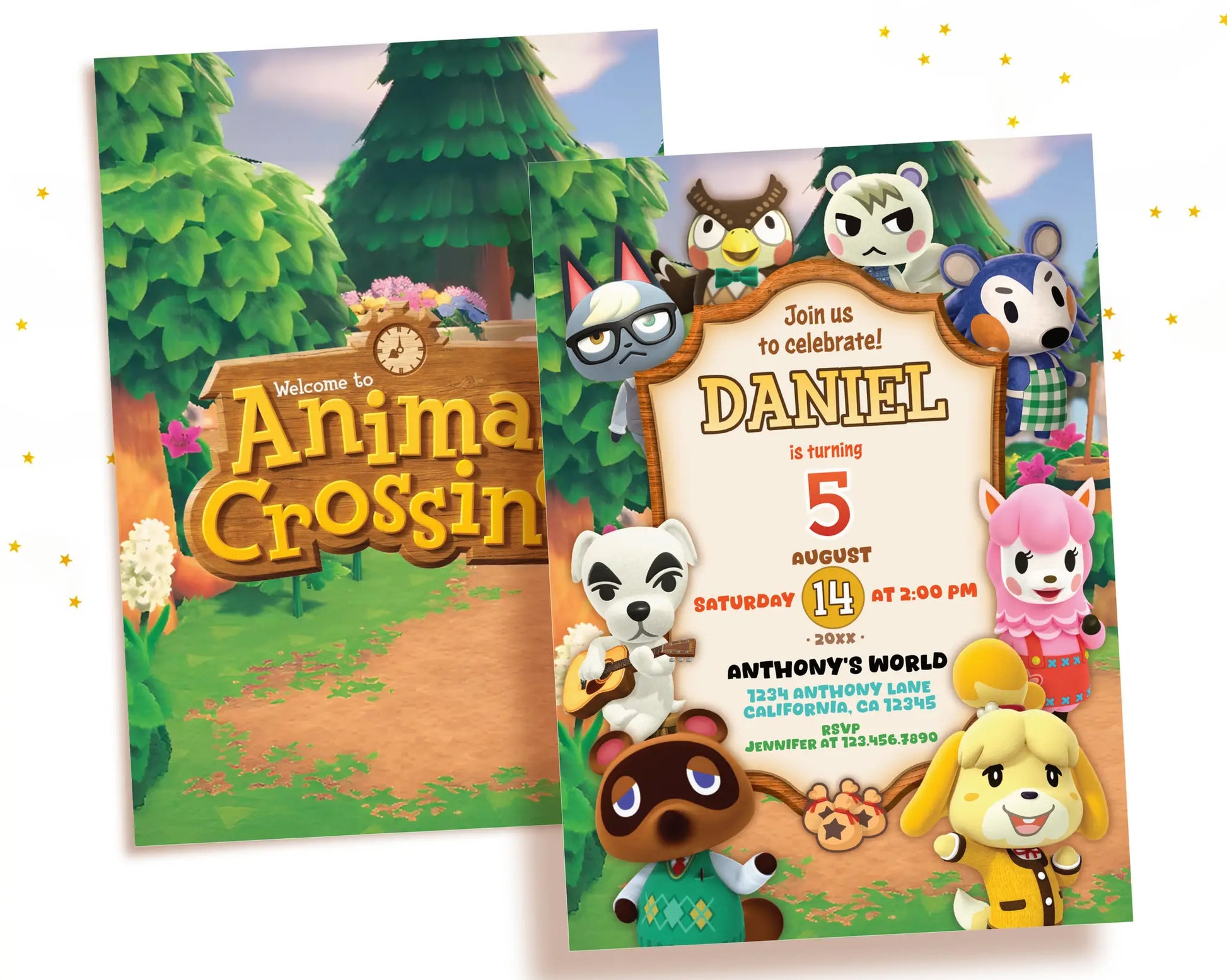 Customizable Animal Crossing New Horizons birthday invitation created to impress guests and excite young fans.