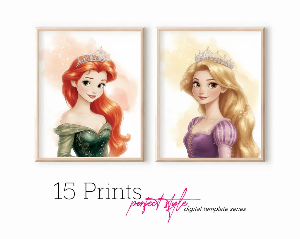 Two framed Disney princess prints of Ariel and Rapunzel side by side on a clean white background