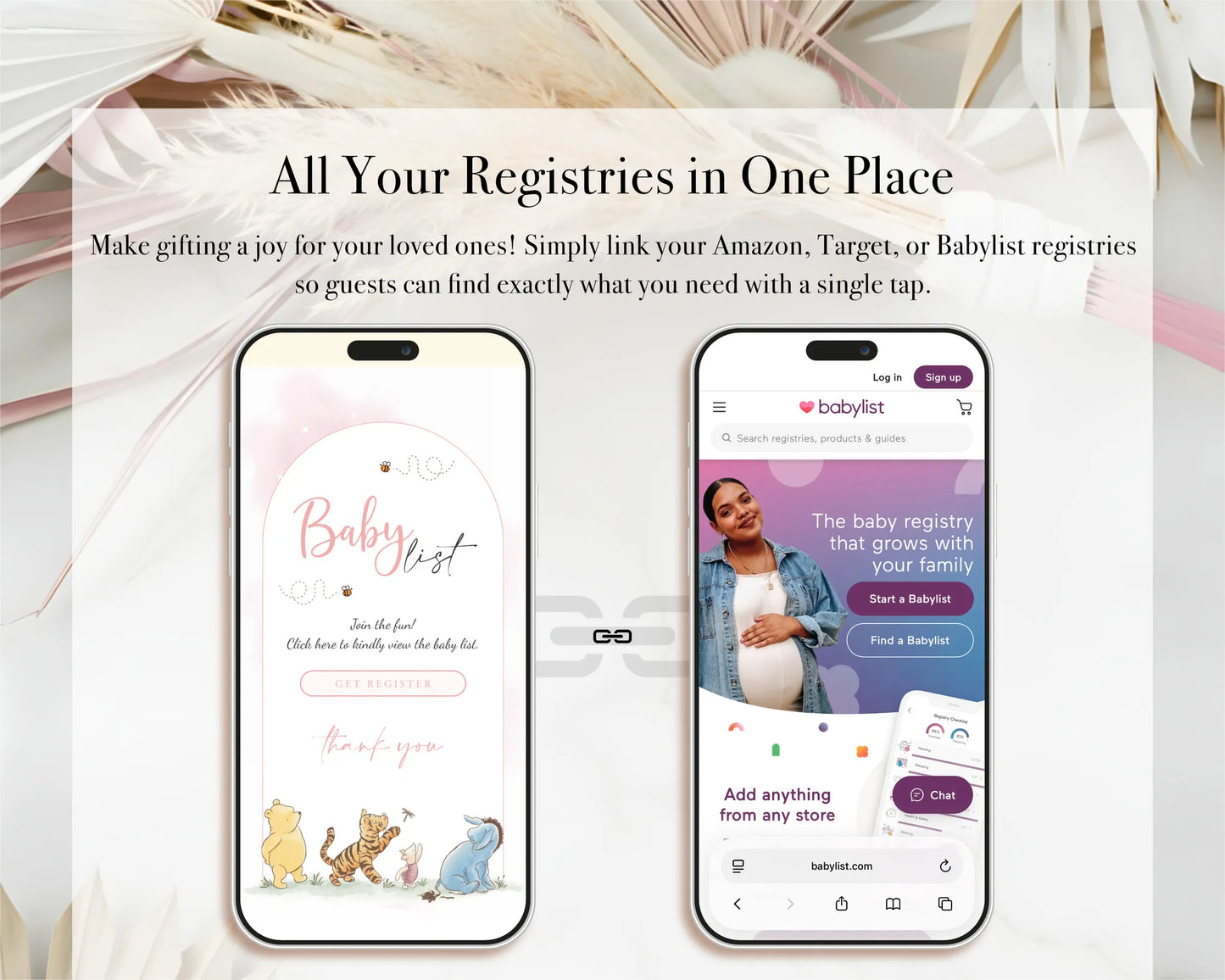 Mobile screen displaying all baby registry links organized in one place within the digital invite