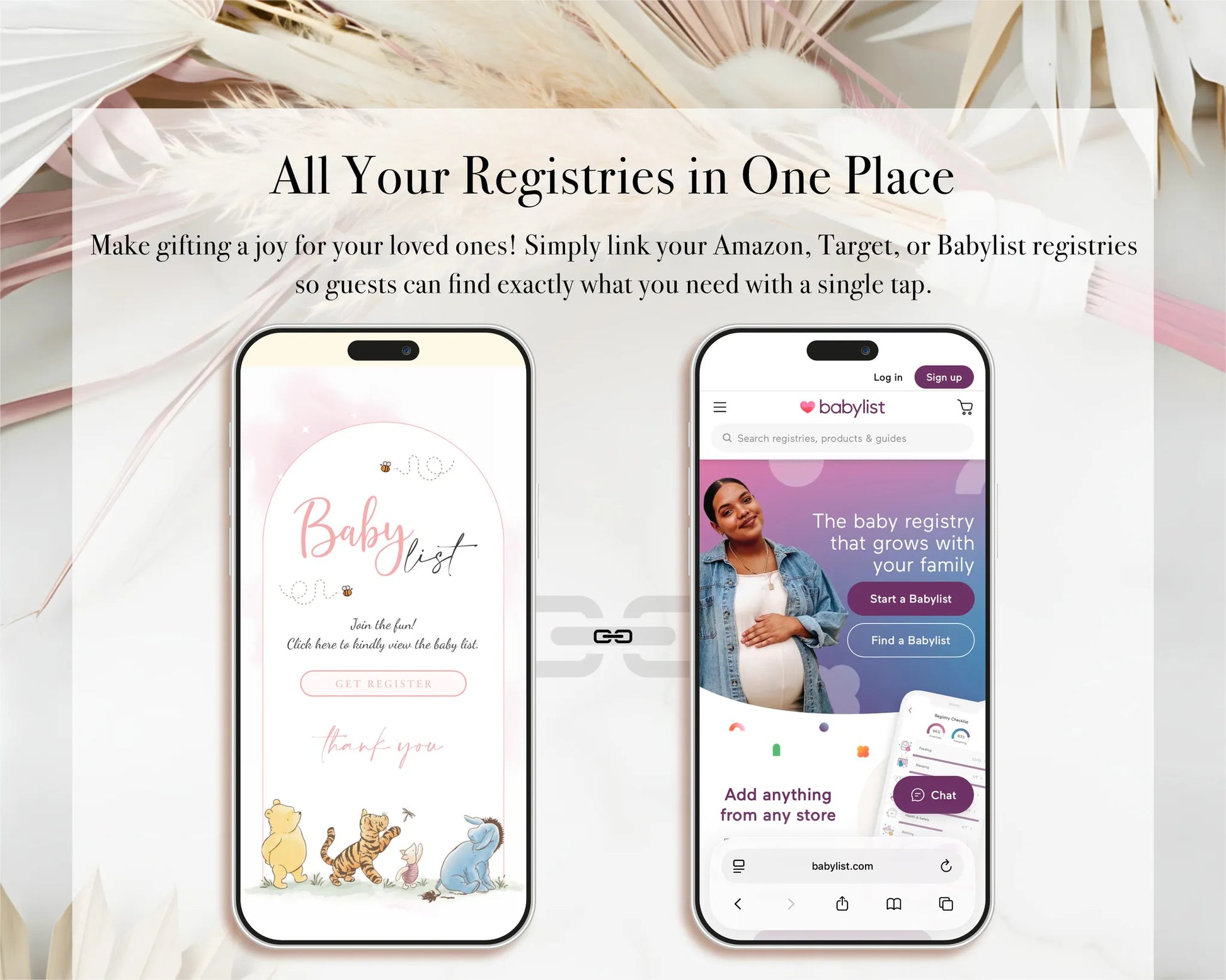 Mobile screen displaying all baby registry links organized in one place within the digital invite
