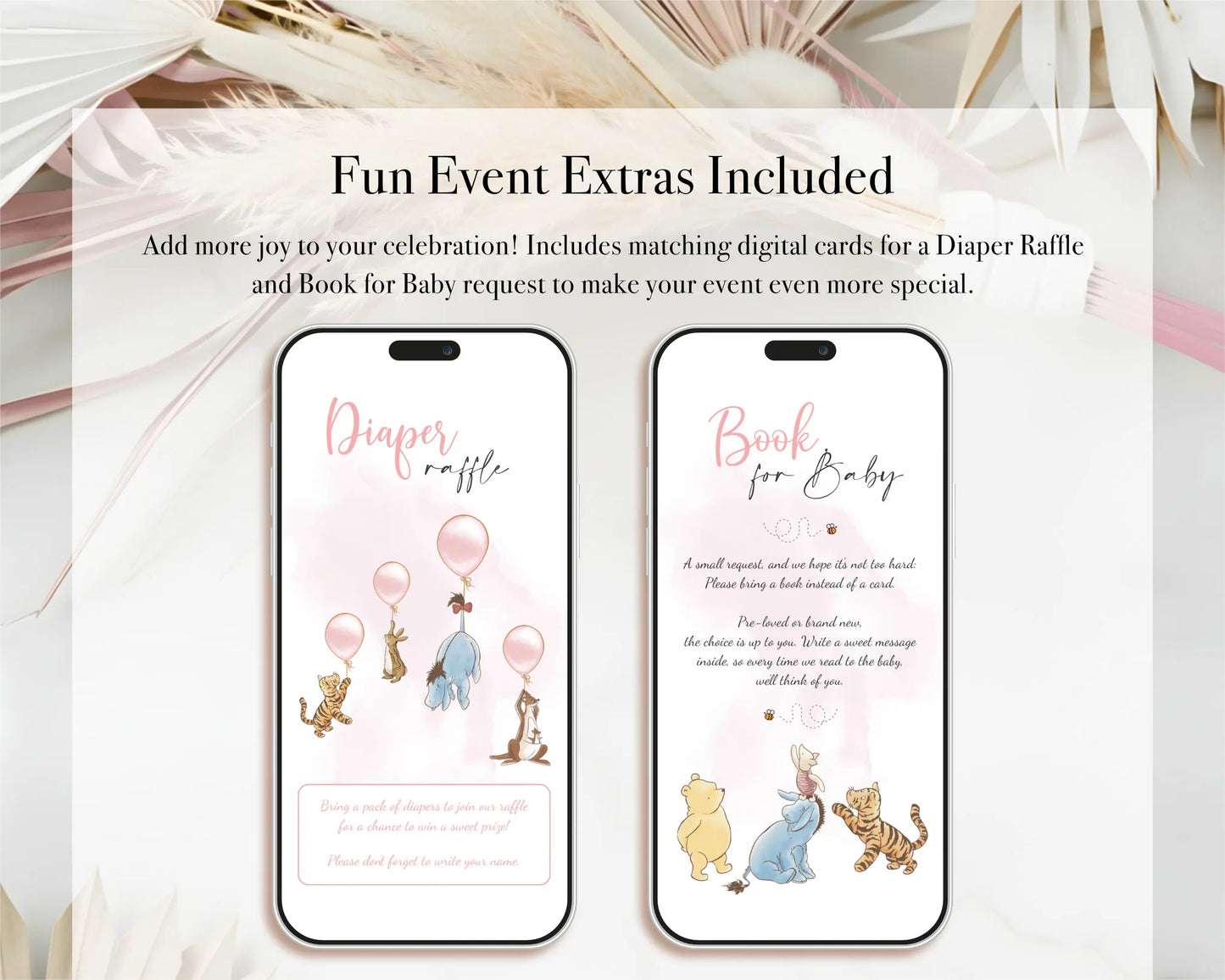 Digital cards for diaper raffle and book request included as extras in the mobile invitation bundle