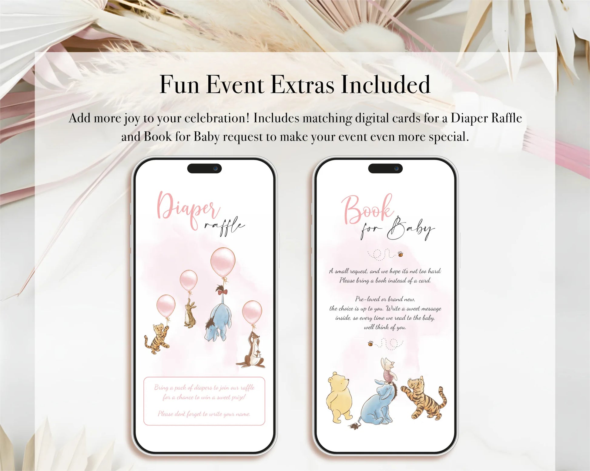 Digital cards for diaper raffle and book request included as extras in the mobile invitation bundle