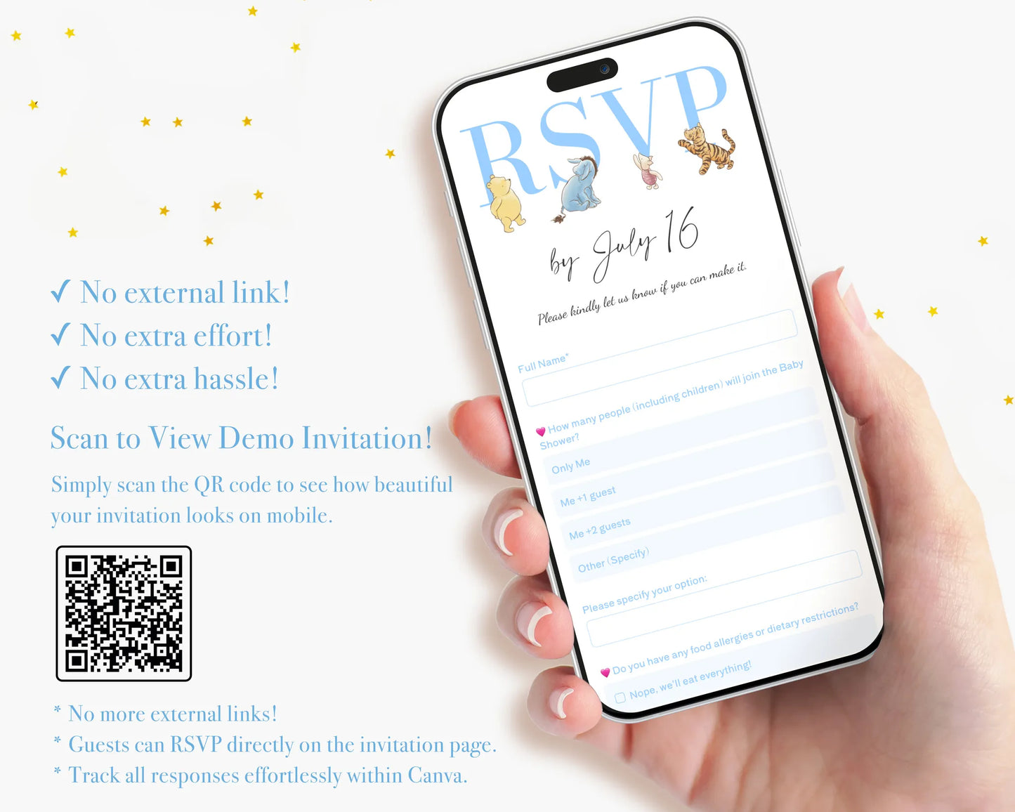 Digital RSVP interface for a boy baby shower on a smartphone featuring classic Winnie the Pooh characters