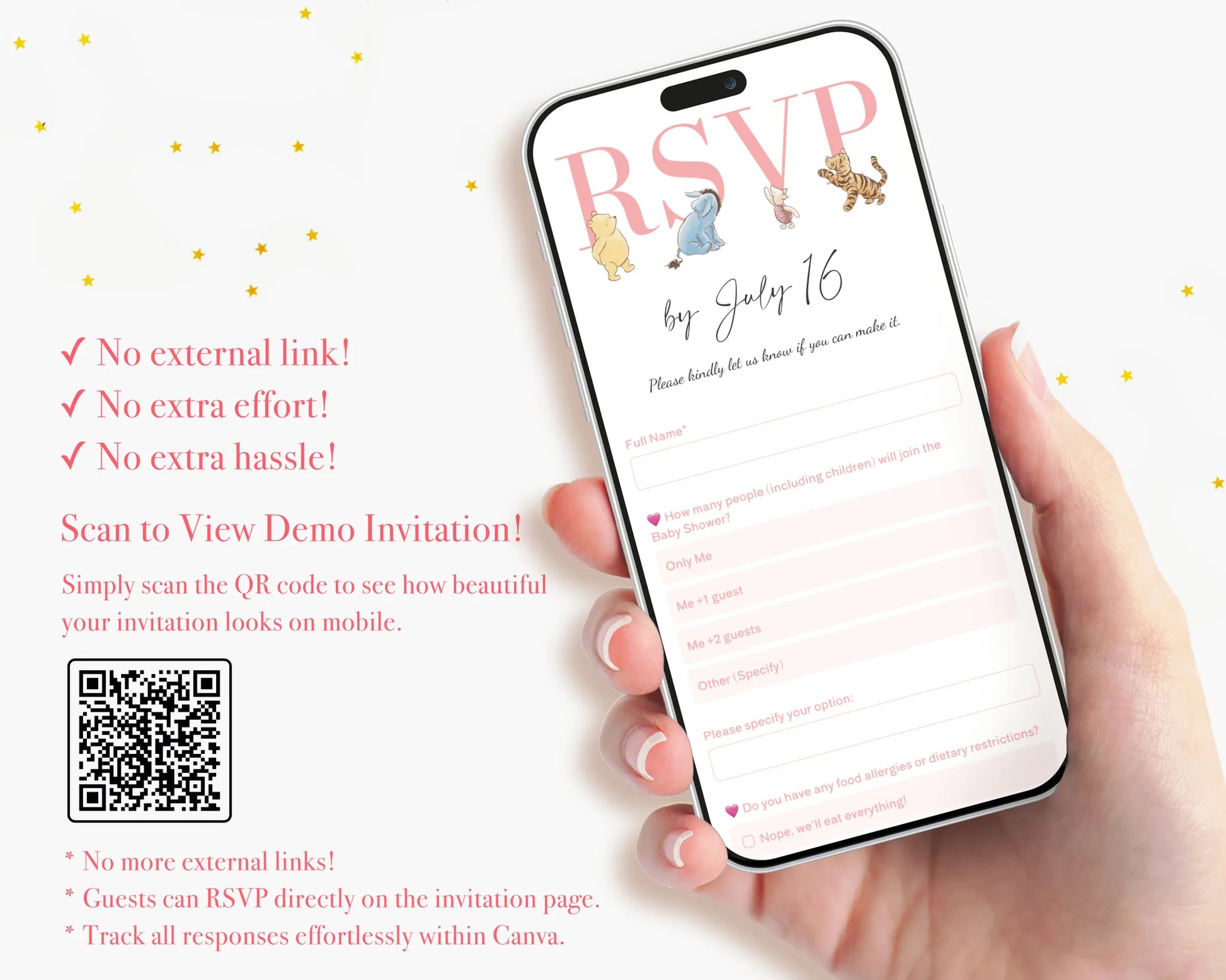 Digital RSVP interface for a baby shower on a smartphone featuring classic Winnie the Pooh characters