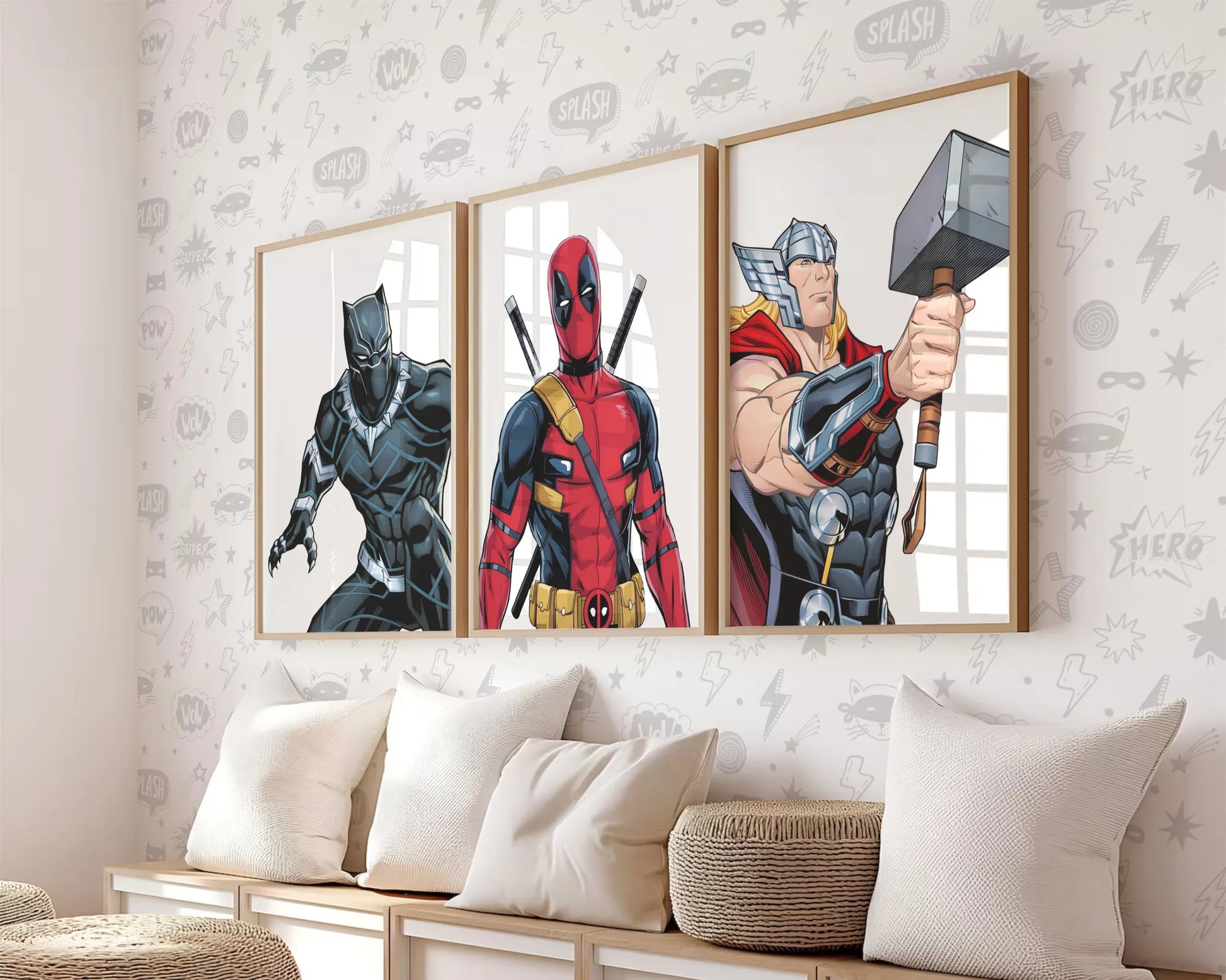 Mockup showing Black Panther, Deadpool, and Thor superhero prints framed on a nursery wall