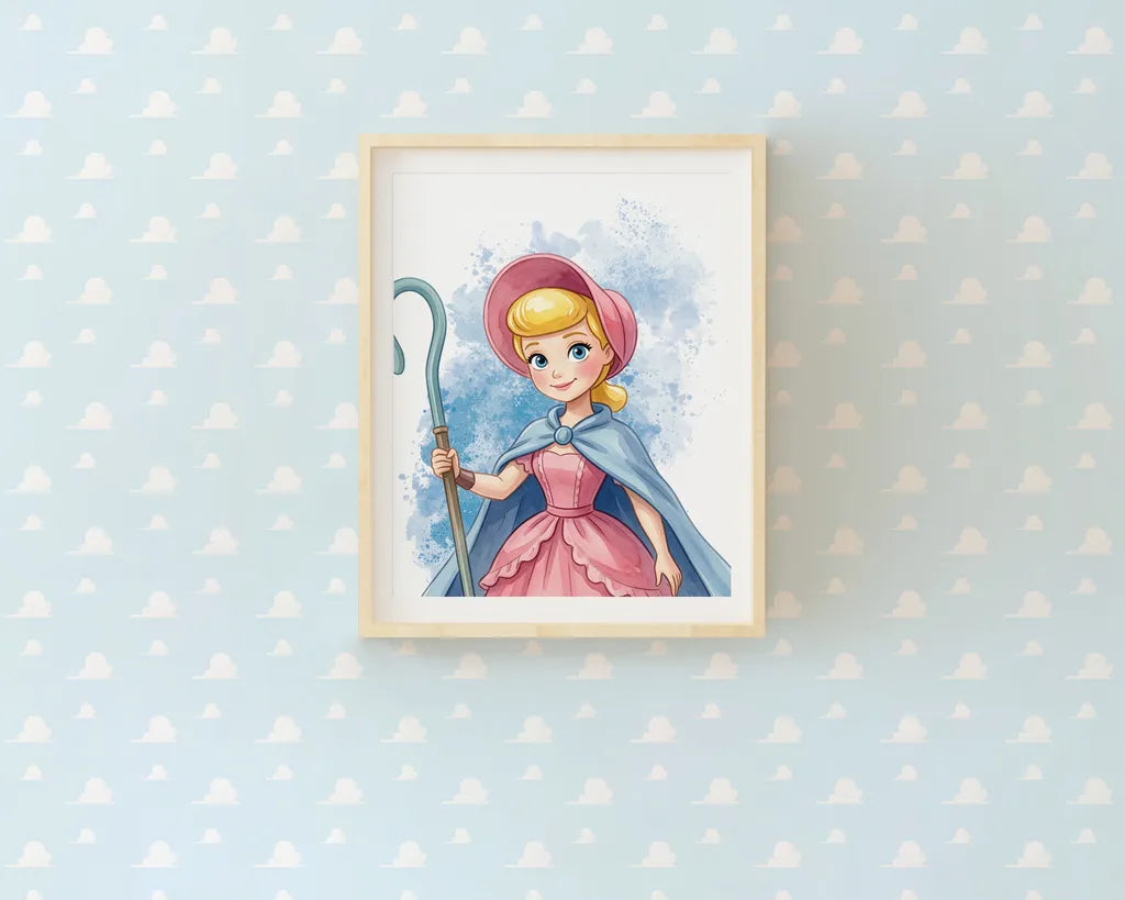 Single framed watercolor print of Bo Peep for a Toy Story themed room
