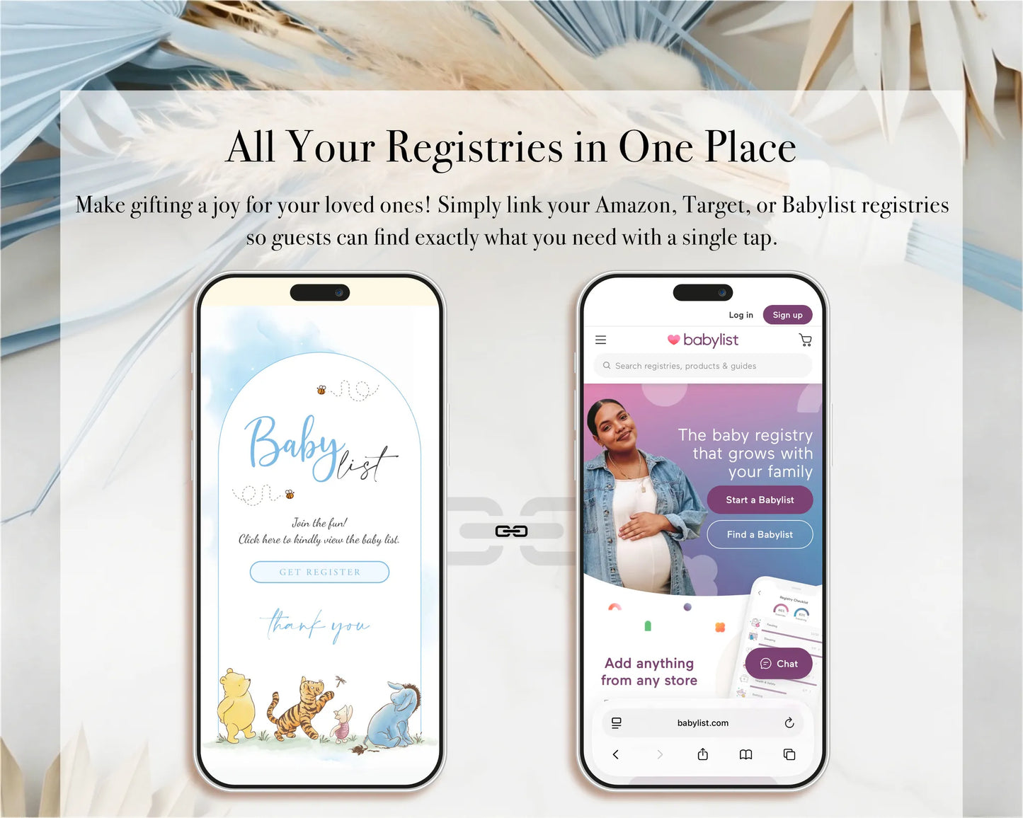 Mobile screen displaying all baby boy registry links organized in one place within the digital invite