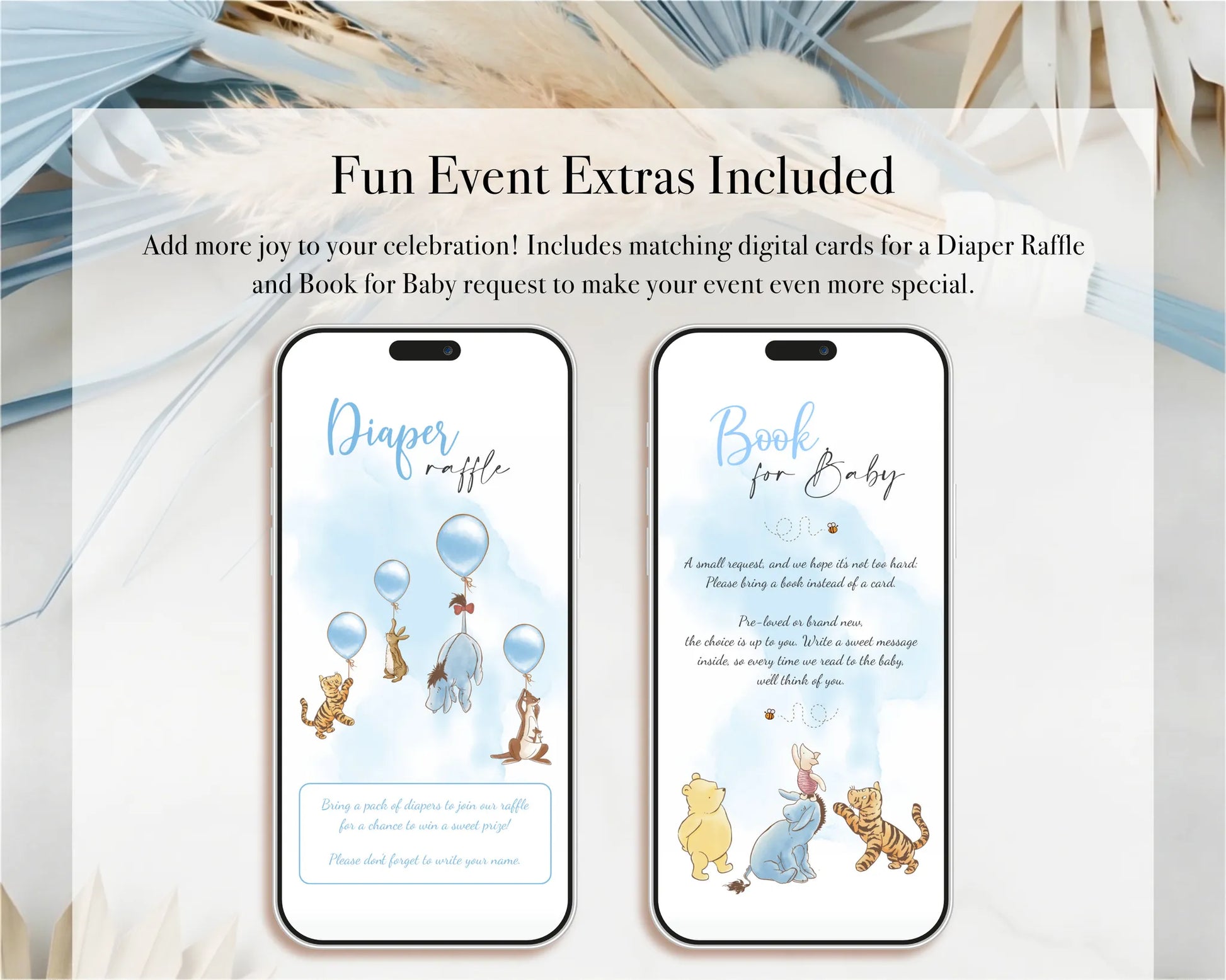 Digital cards for diaper raffle and book request in blue theme included in the mobile invitation bundle