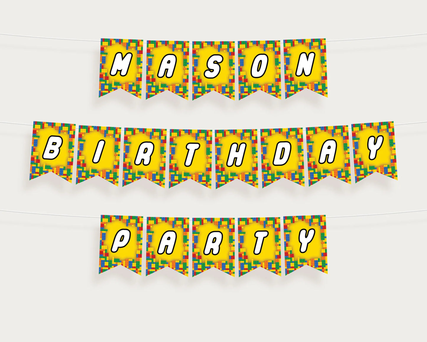 Colorful building blocks "Birthday Party" printable banner for kids' room wall decoration.