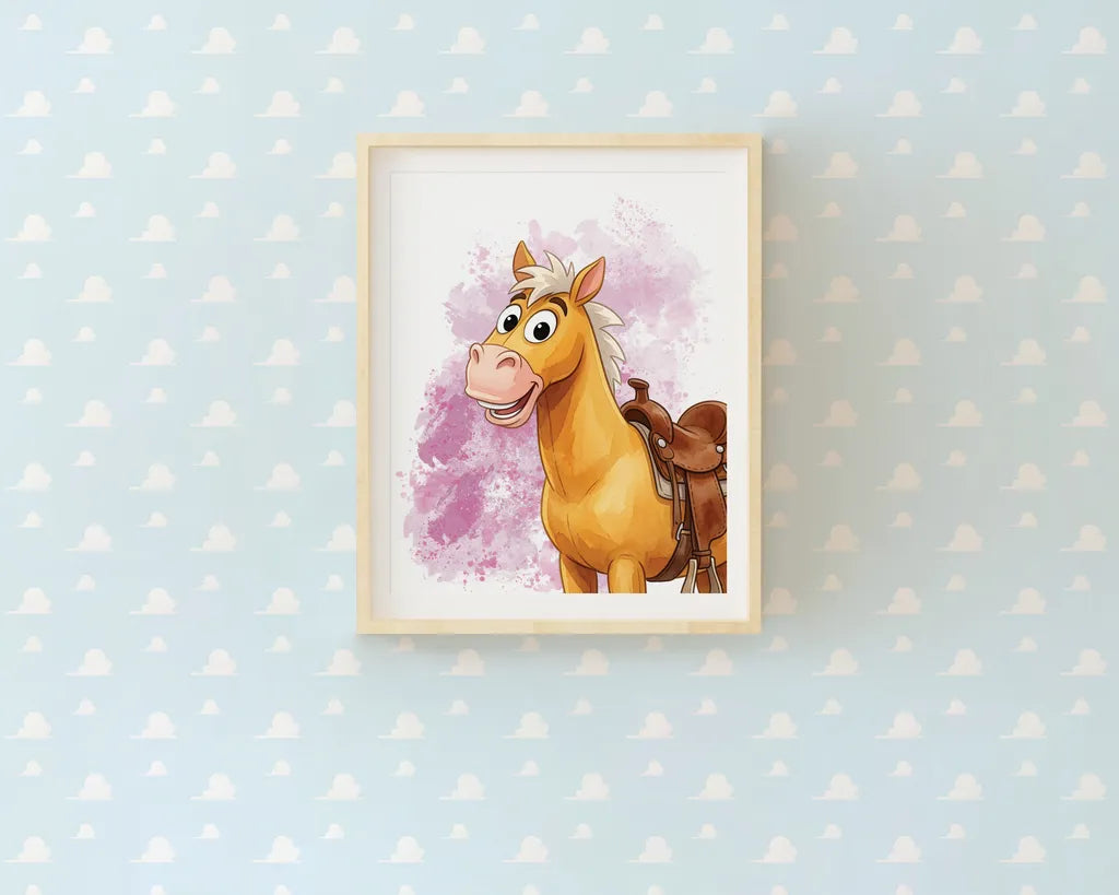 Watercolor print of Bullseye the horse for kids room wall decor