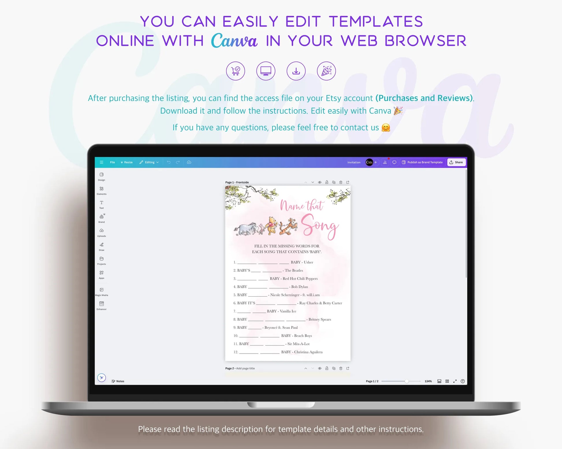 Laptop showing how to easily edit Winnie the Pooh baby shower templates online with Canva
