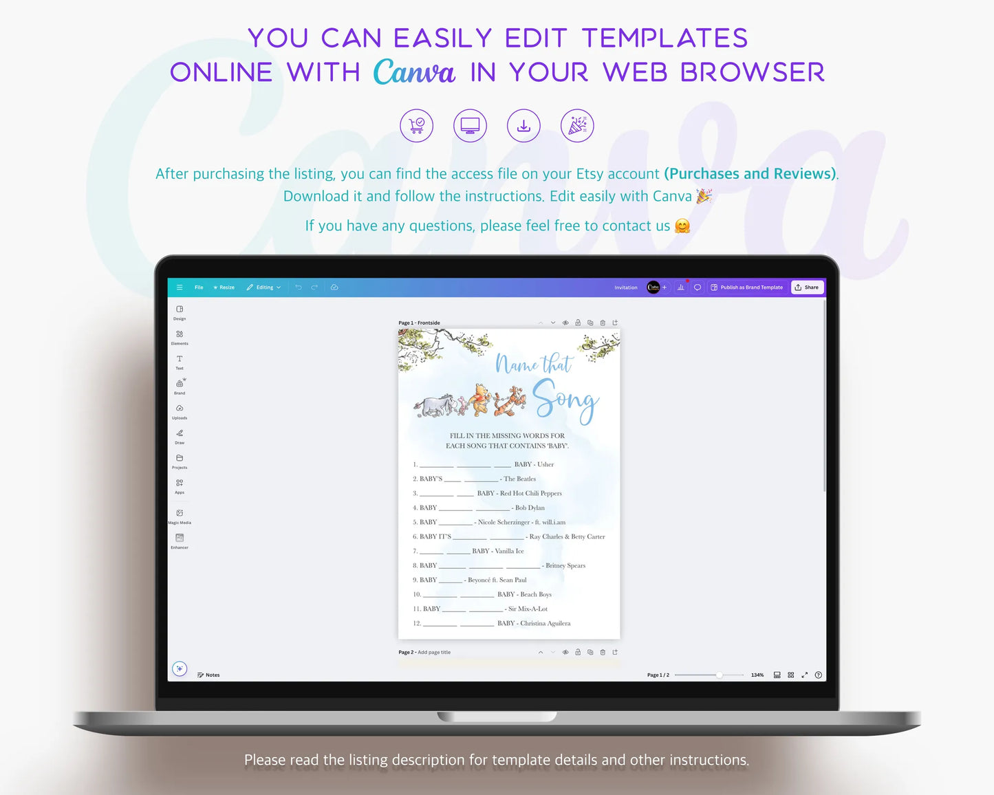 Laptop showing how to edit Winnie the Pooh boy baby shower templates online with Canva