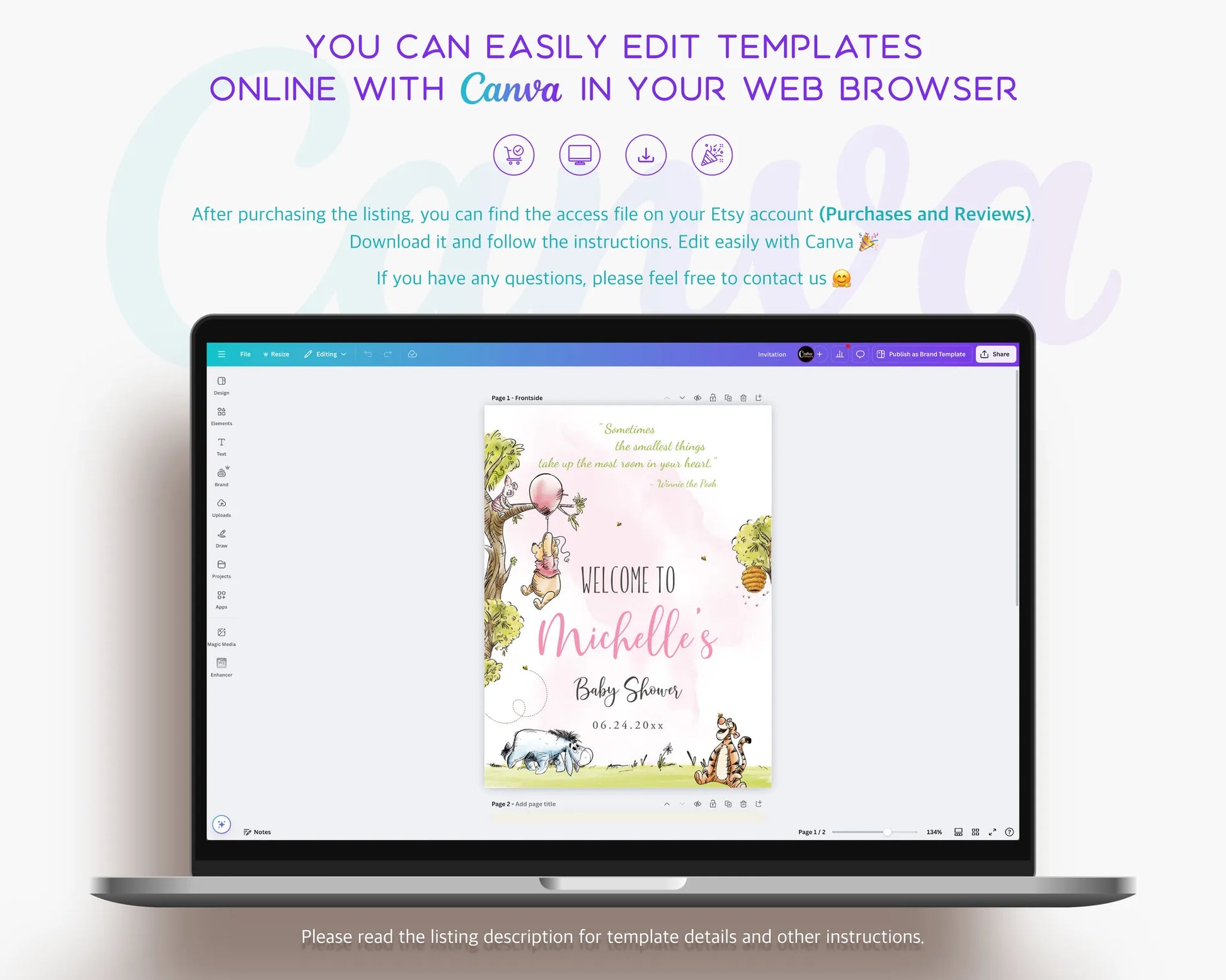 Laptop showing how to edit the Winnie the Pooh baby shower welcome sign template in Canva