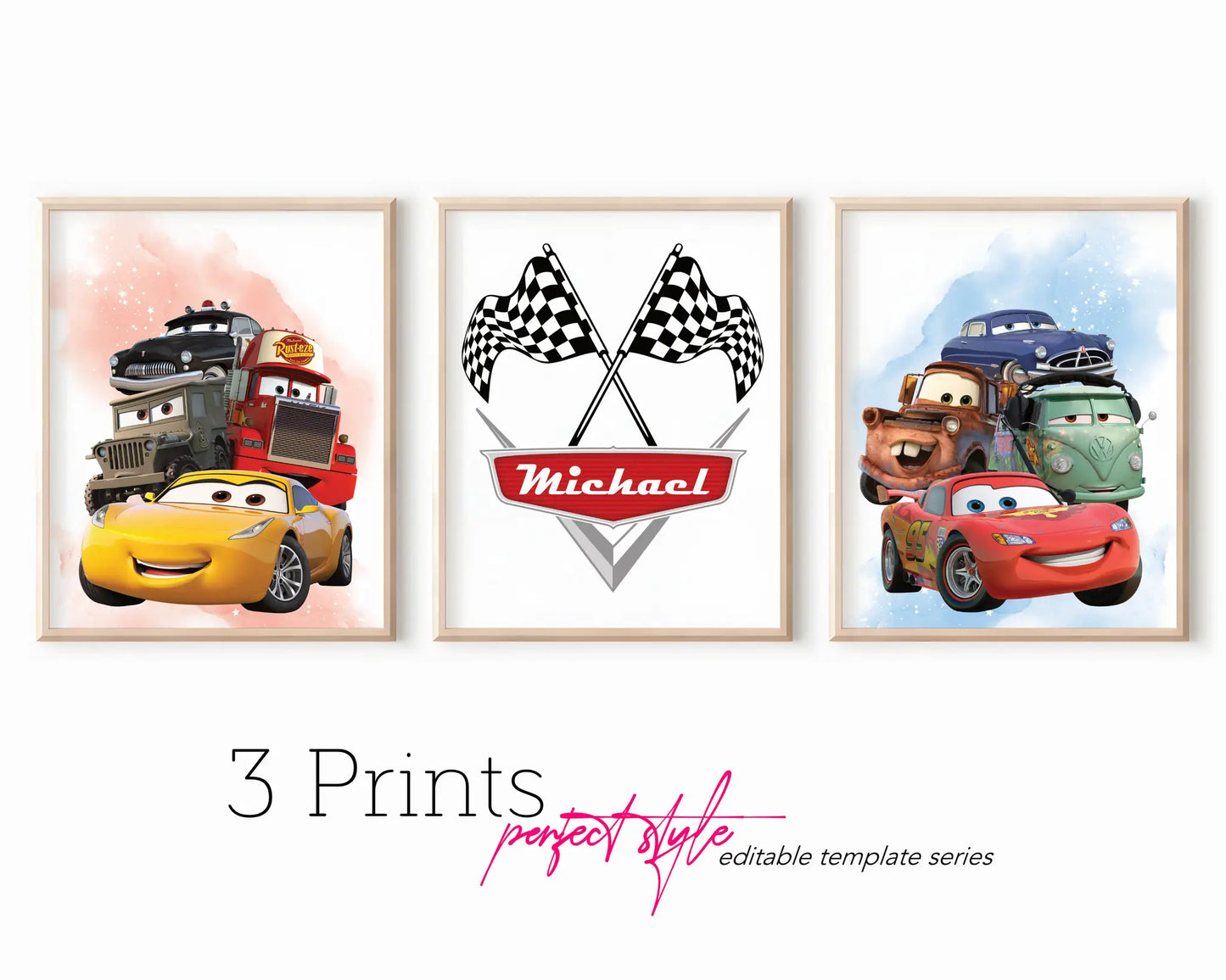 Set of three Lightning McQueen and Cars themed printable wall art posters with racing flags customizable template