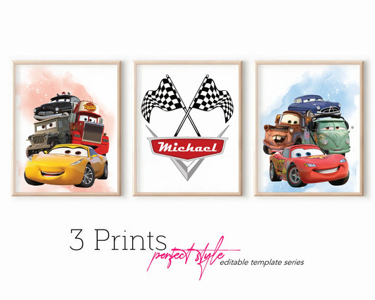 Set of three Lightning McQueen and Cars themed printable wall art posters with racing flags customizable template