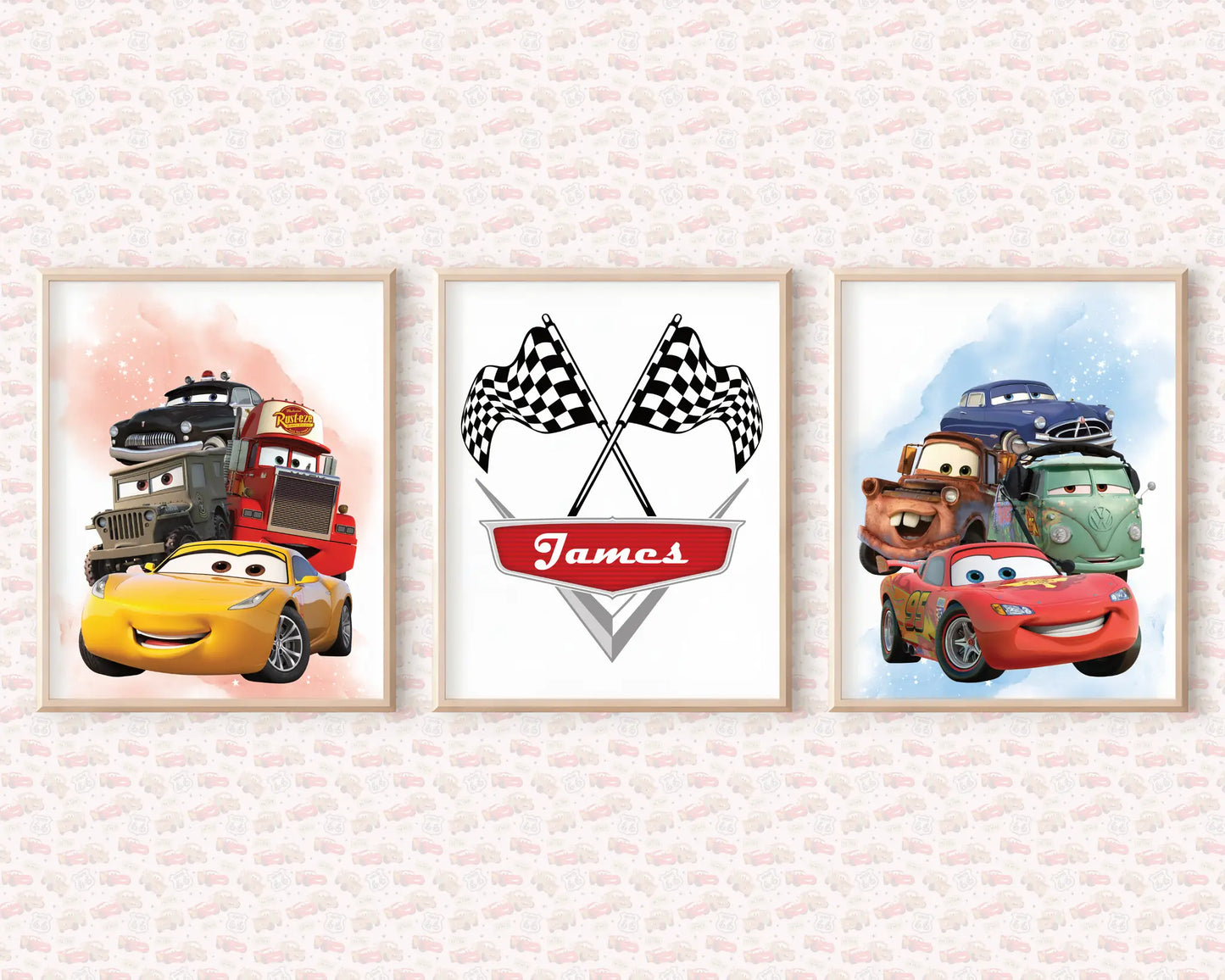 Personalized Lightning McQueen racing flag poster with child’s name in red banner printable decor