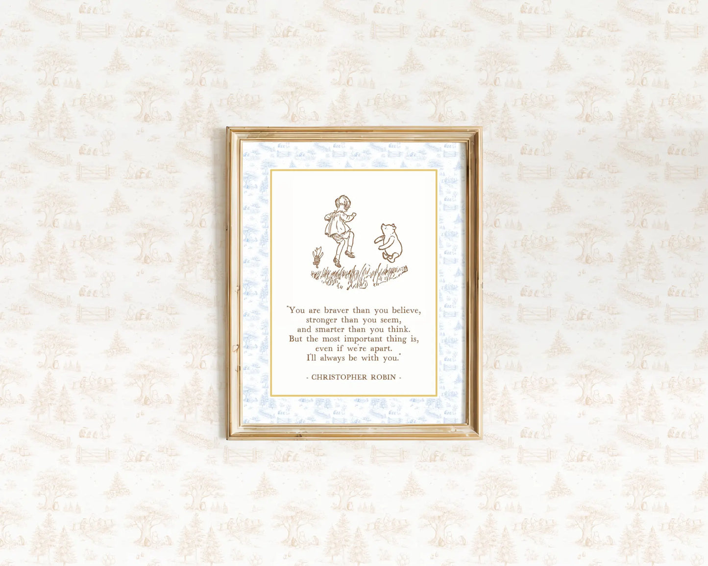 Christopher Robin and Winnie the Pooh walking together with inspirational quote for boys