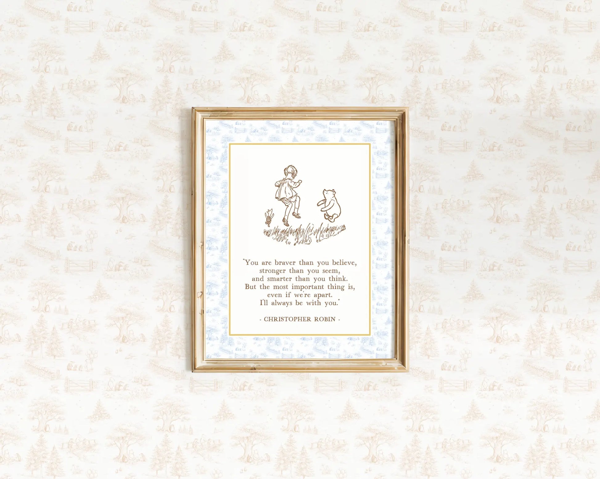 Christopher Robin and Winnie the Pooh walking together with inspirational quote for boys