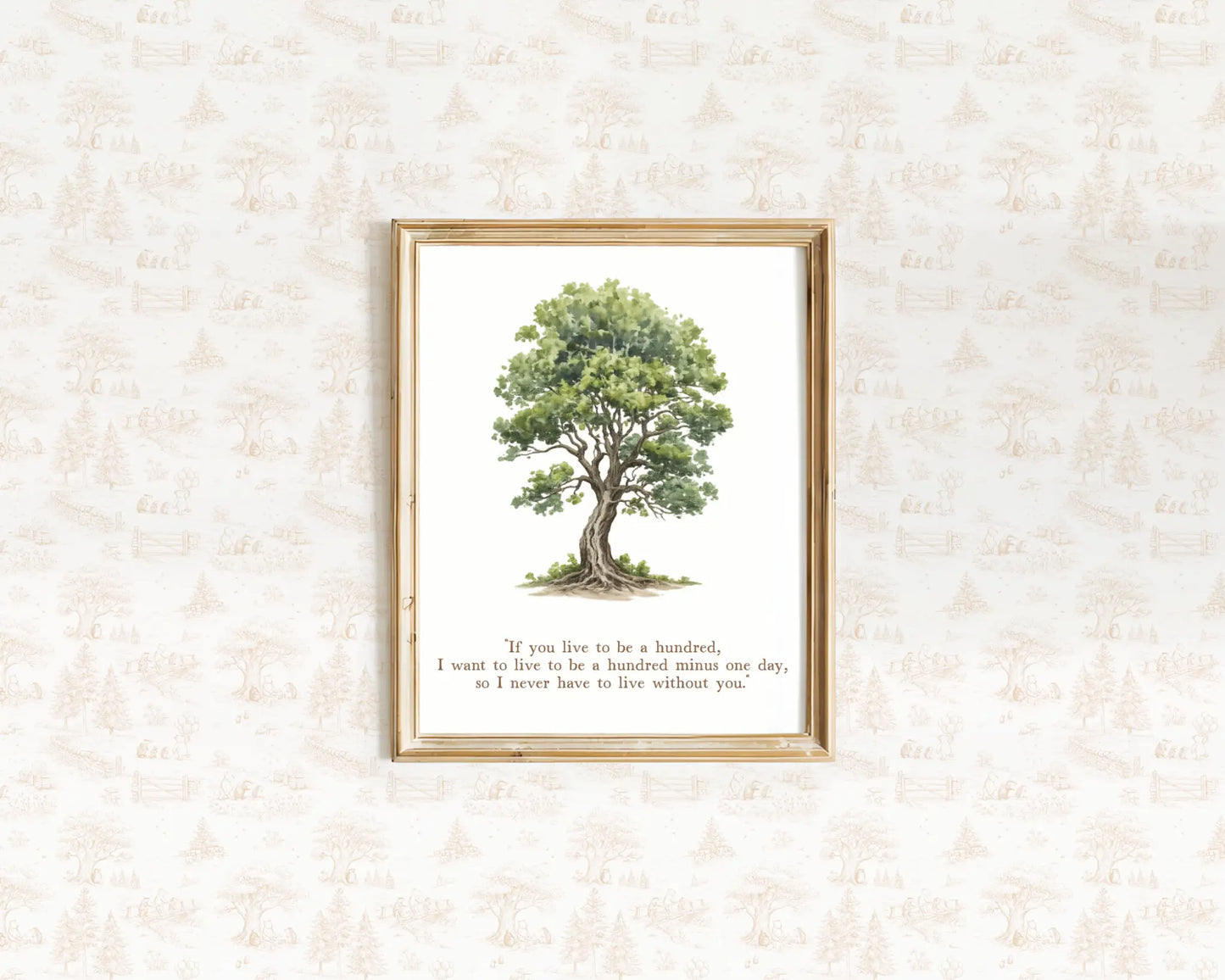 Classic Hundred Acre Wood tree illustration with nursery quote in a gold frame for boys