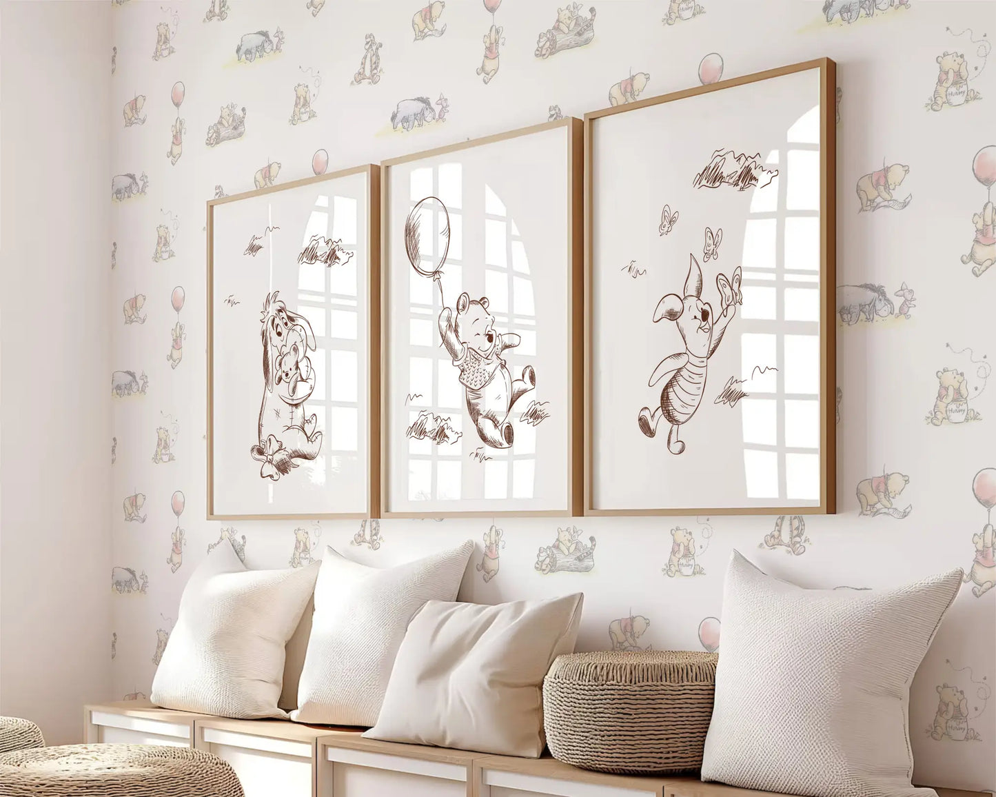 Classic Winnie the Pooh wall art printable decor, minimalist line art style for nursery wall.