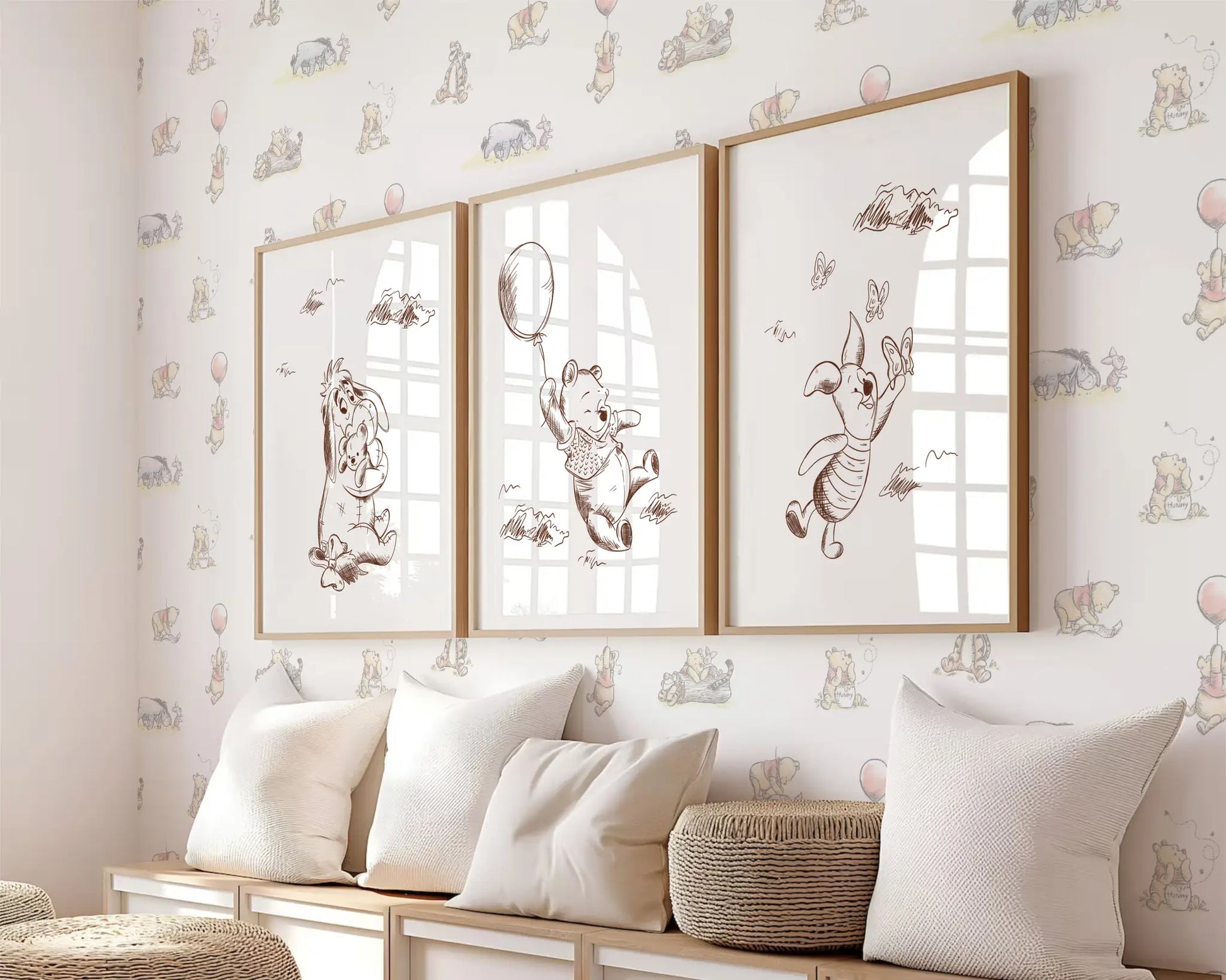 Classic Winnie the Pooh wall art printable decor, minimalist line art style for nursery wall.