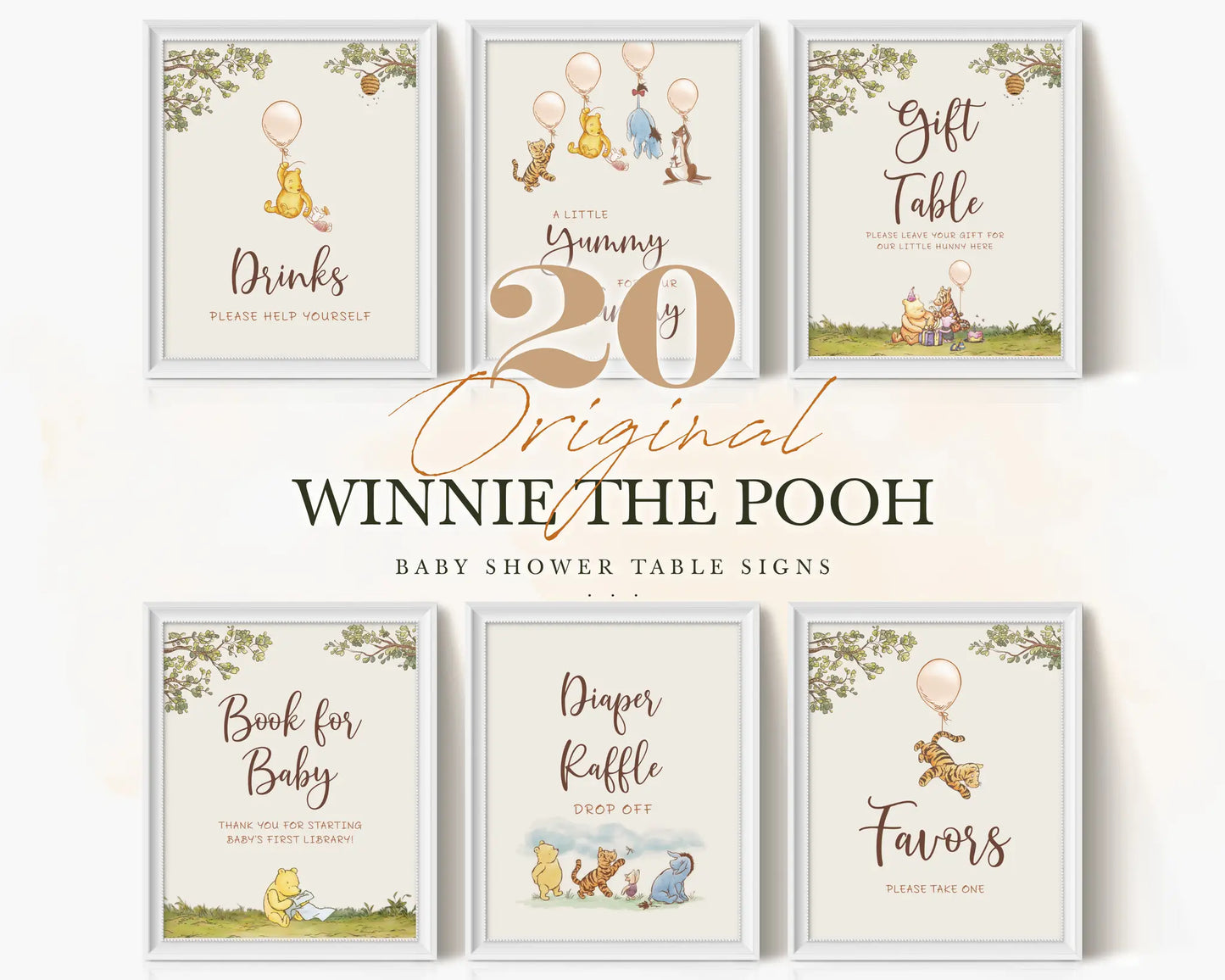 Esidtable Classic Pooh baby shower table signs featuring Winnie and woodland theme.