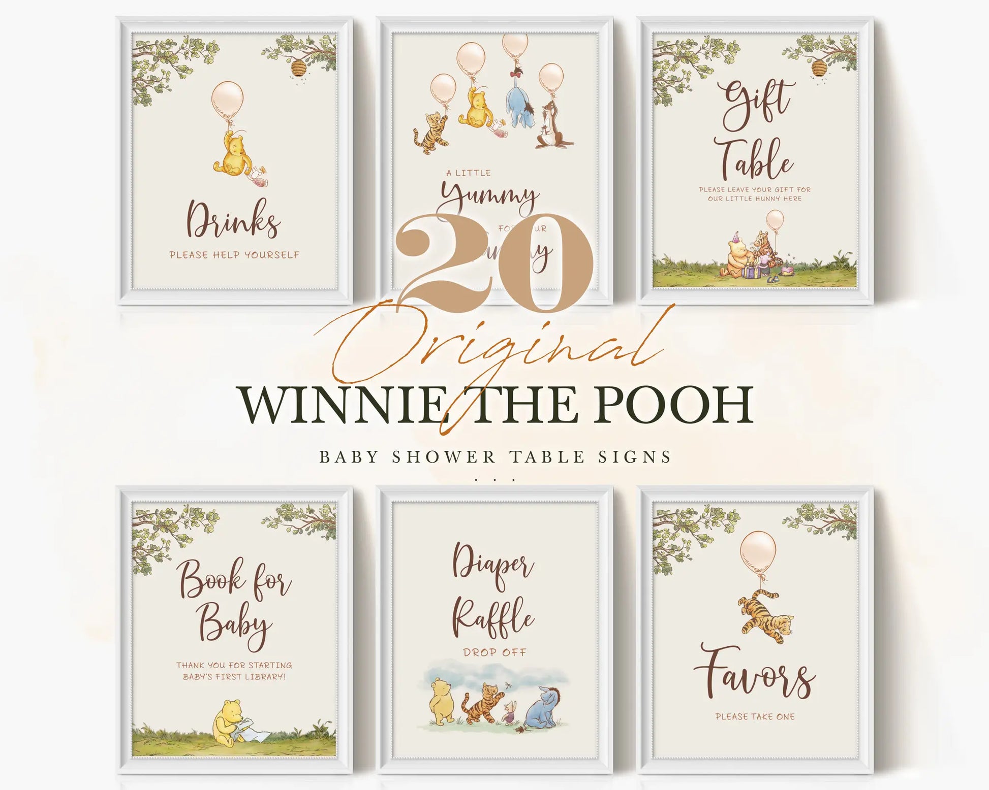 Esidtable Classic Pooh baby shower table signs featuring Winnie and woodland theme.