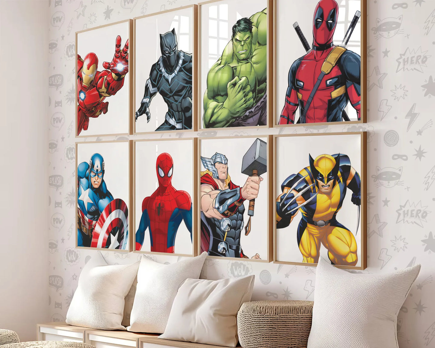 Comprehensive gallery wall featuring a variety of colorful superhero prints for a child's bedroom