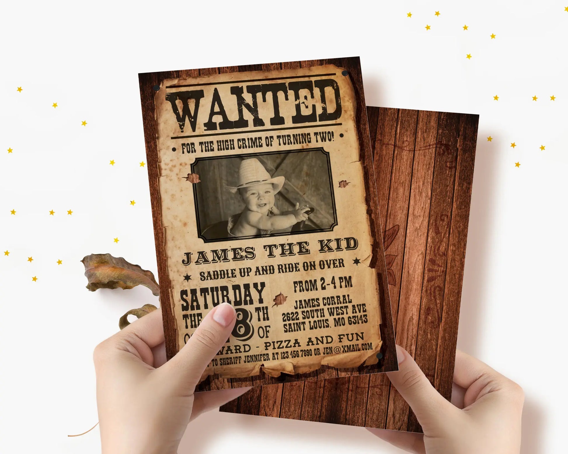 Personalized cowboy birthday invitation in Wild West design, editable text and image, shown on wooden background.
