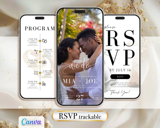 Elegant digital wedding invitation with RSVP link, editable Canva template for modern couples, smartphone preview on satin background.