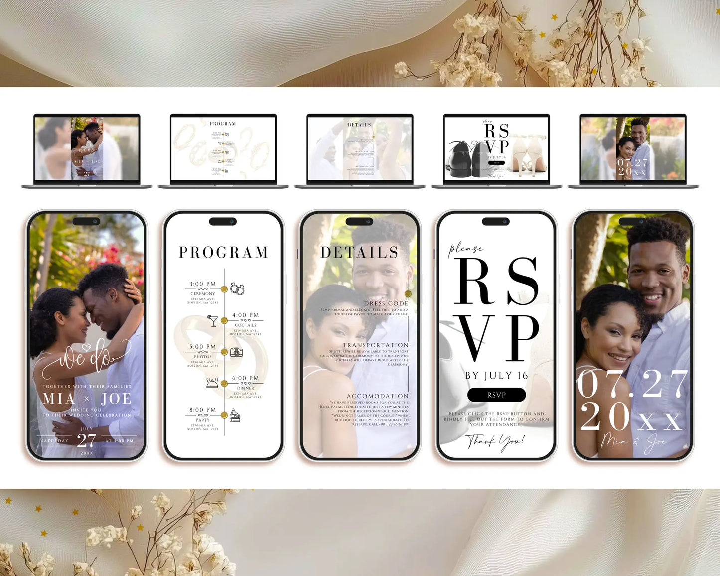 Full digital wedding invitation bundle with RSVP link, Canva editable templates for modern wedding design.