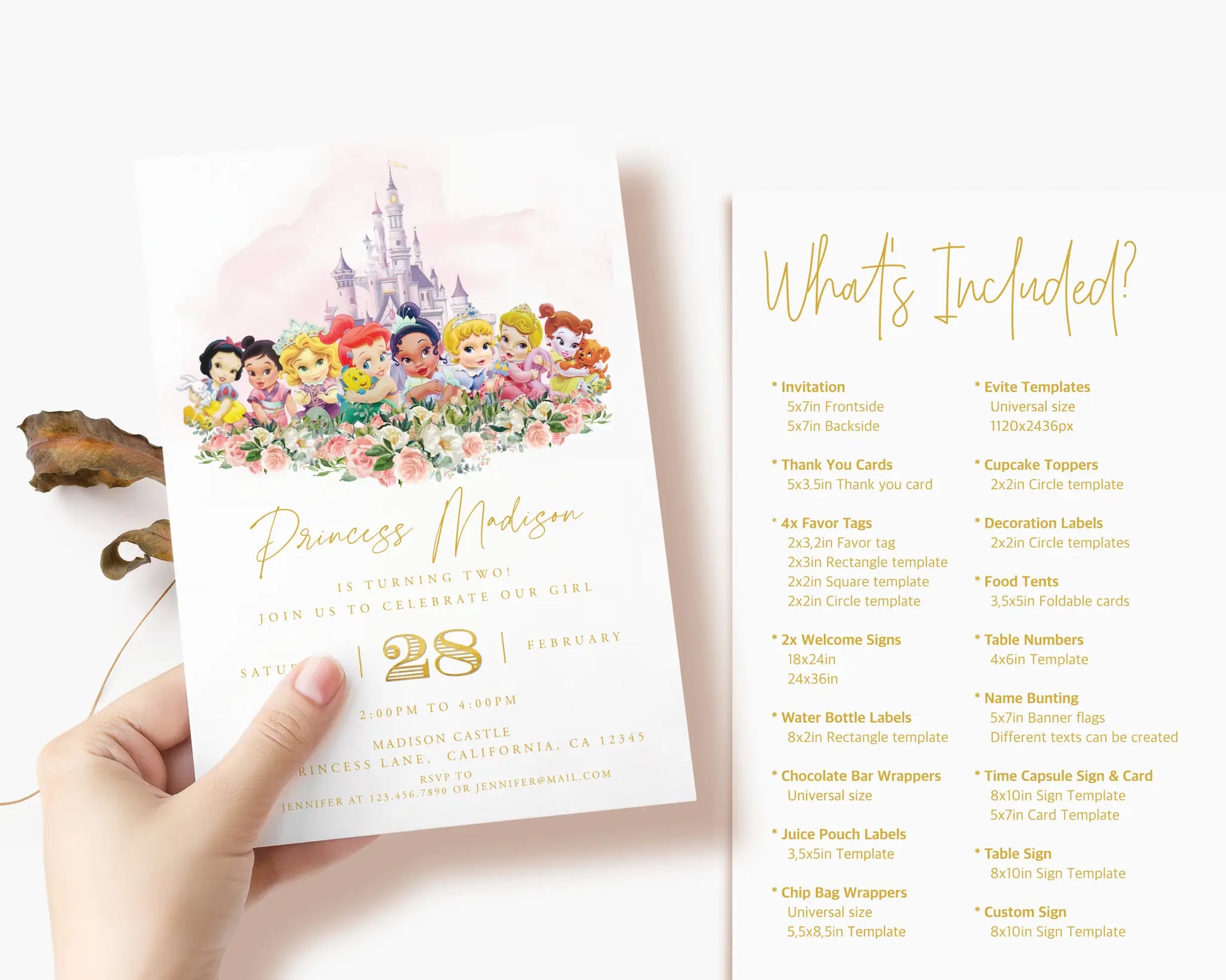 Editable Disney Princess birthday invitation with Cinderella castle and baby versions of Ariel, Belle, Rapunzel, Jasmine, Snow White, Tiana and Aurora.