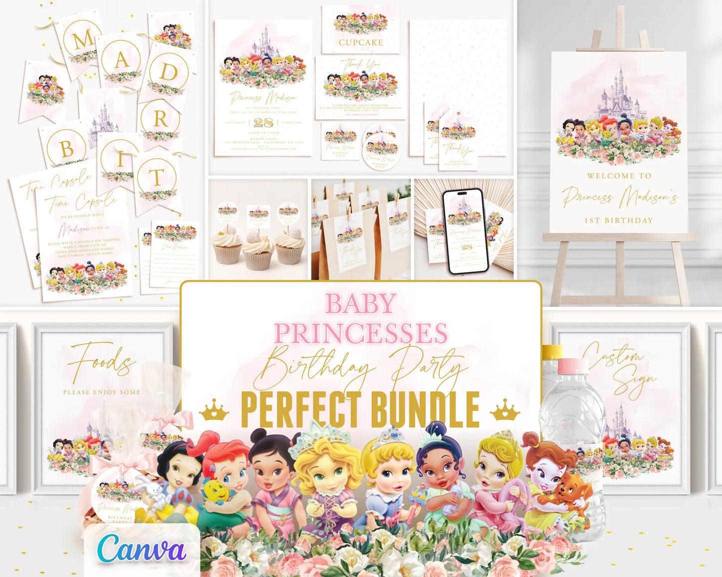 Disney Princess birthday party bundle featuring Ariel, Belle, Rapunzel, Tiana, Jasmine, Snow White and Aurora — editable Canva printables for girls.