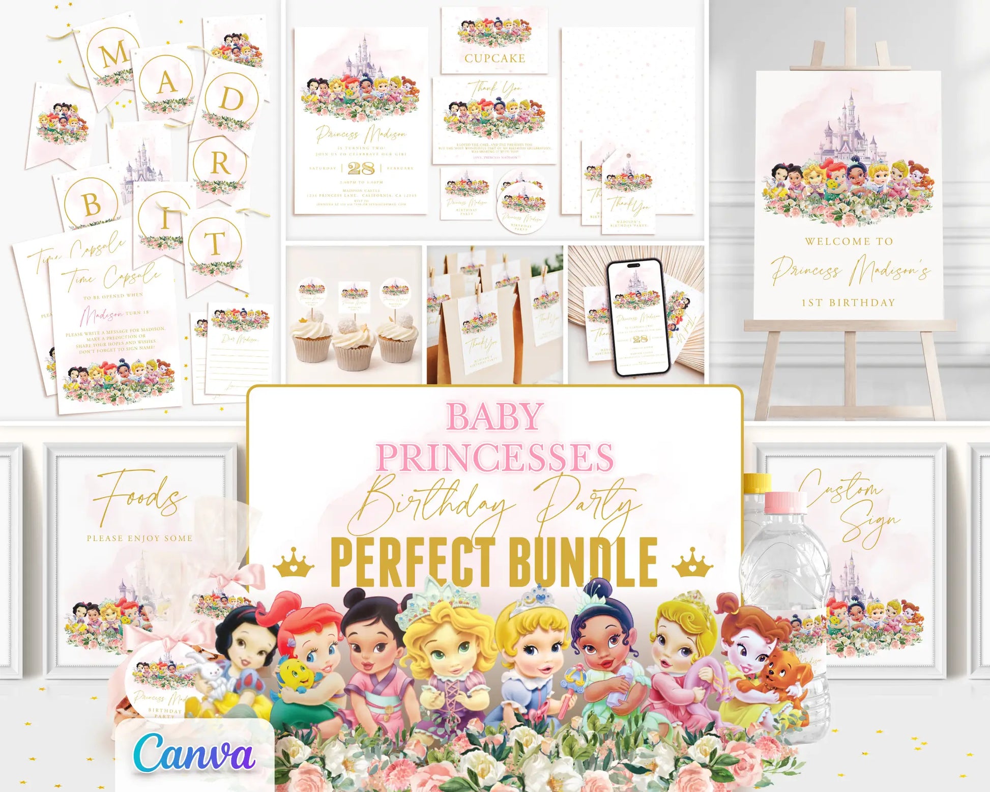 Disney Princess birthday party bundle featuring Ariel, Belle, Rapunzel, Tiana, Jasmine, Snow White and Aurora — editable Canva printables for girls.
