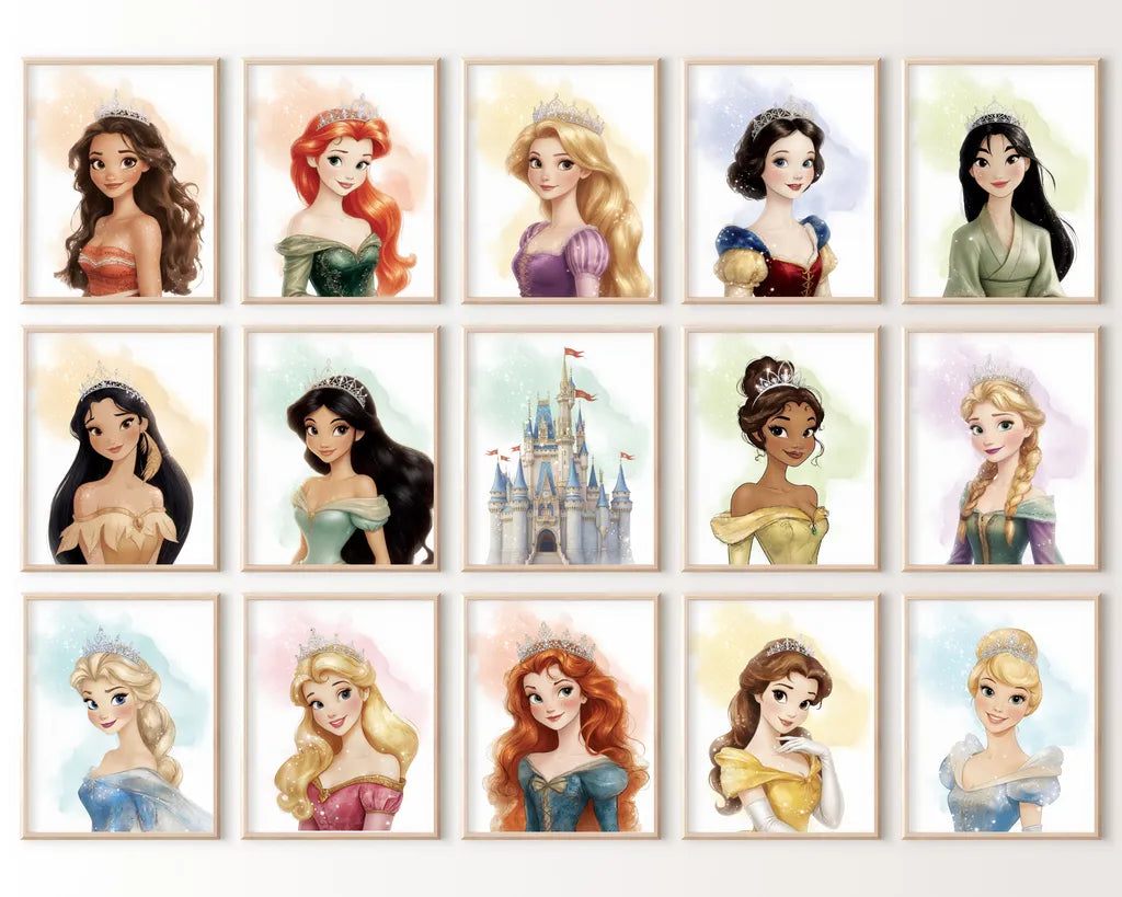 Full grid display of Disney princess watercolor prints including Ariel, Rapunzel, Snow White, Jasmine, Belle, Elsa, Anna, Aurora, Belle and Cinderella